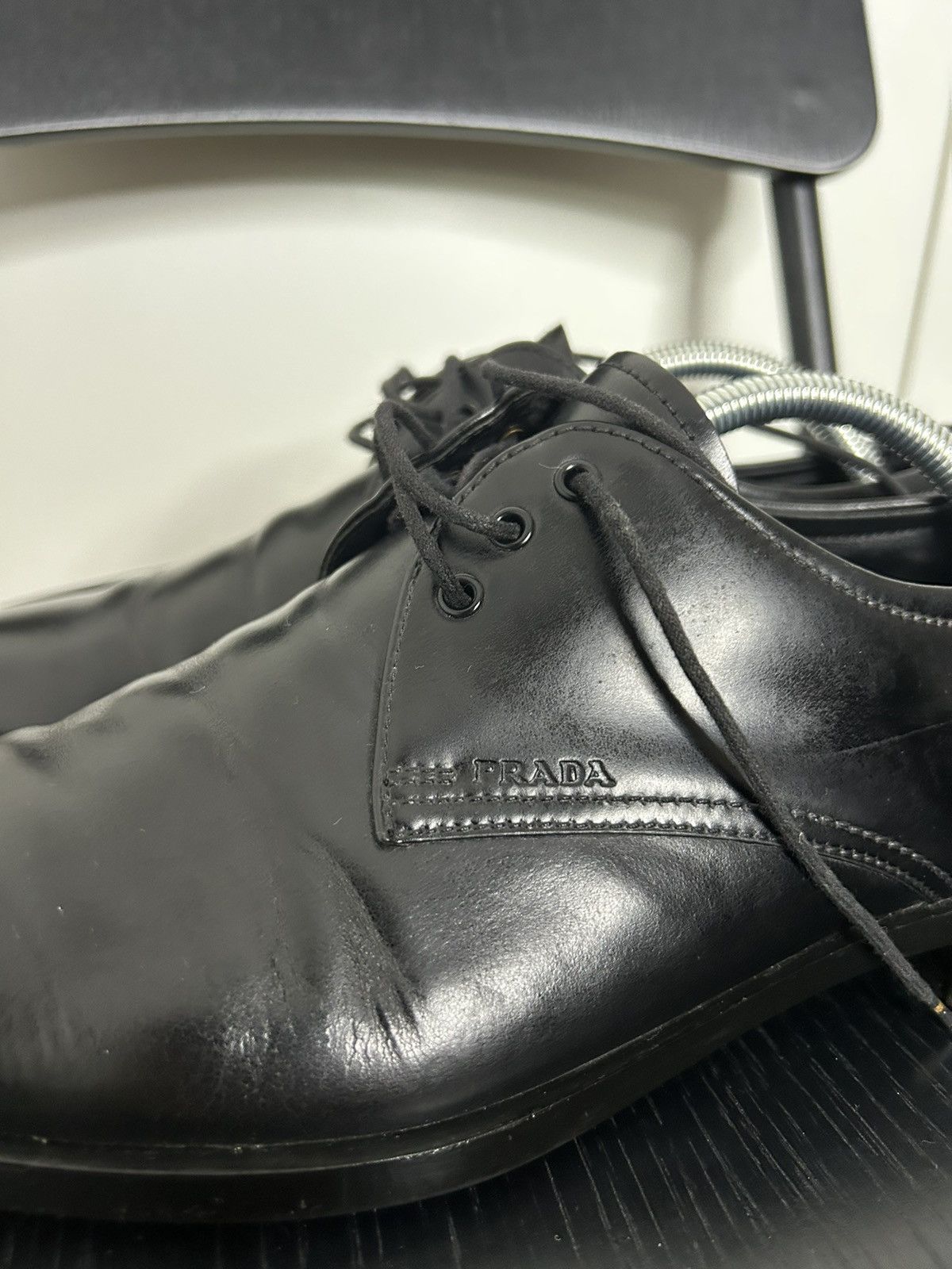 Prada × Vintage Prada Leather Derby Shoes - Black Oxfords Size US 8 / EU 41 - 2 Thumbnail