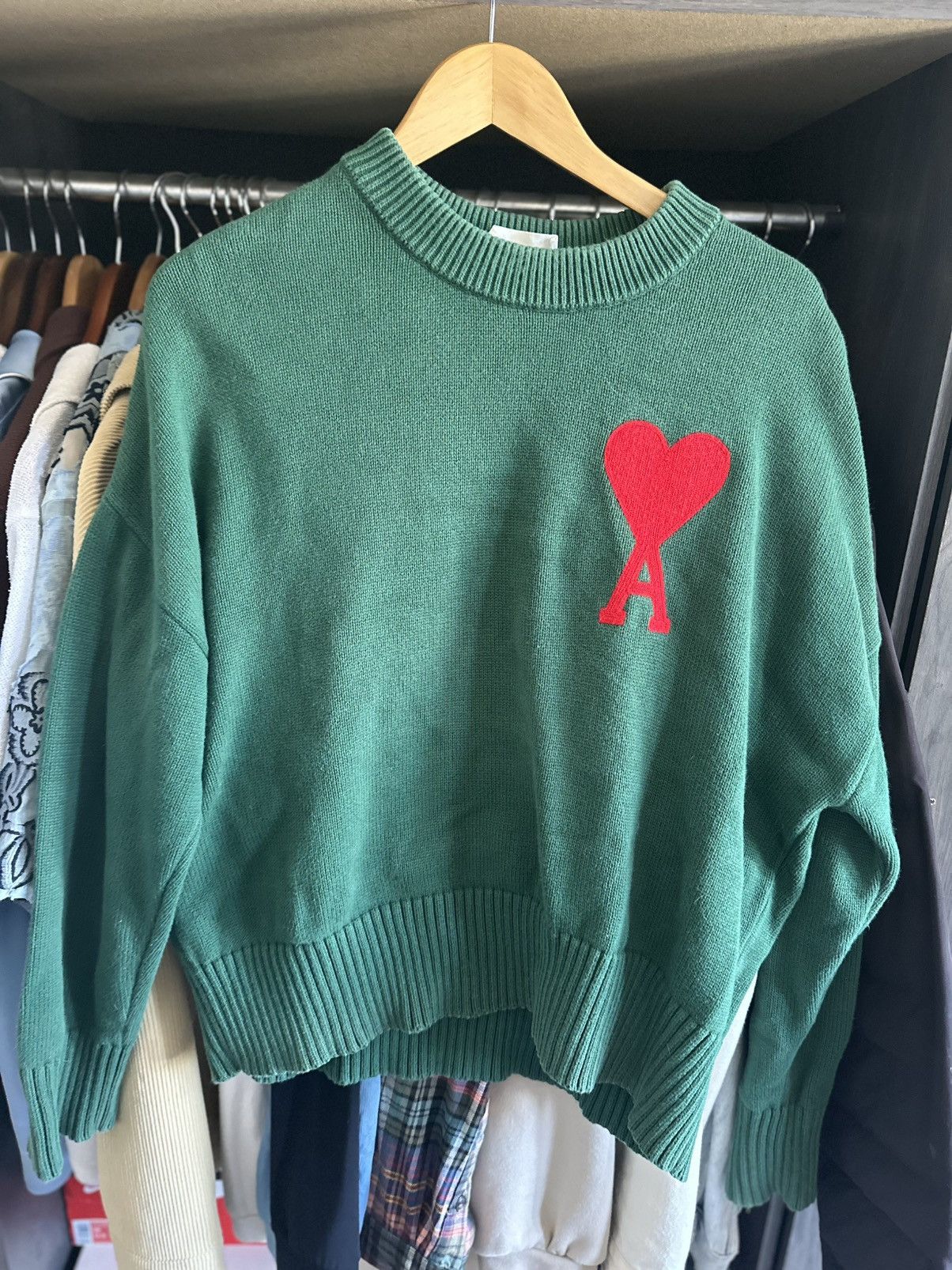 AMI AMI Men’s Green Knit Crewneck Pullover Sweater Red Logo Size US M / EU 48-50 / 2 - 1 Thumbnail