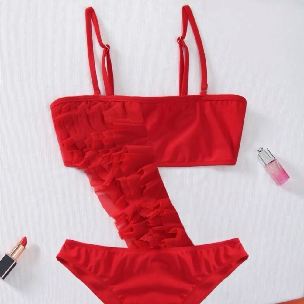 Other Red Ruffle One Shoulder Bikini Set Women’s Size L Swimwear Size ONE SIZE - 1 Thumbnail