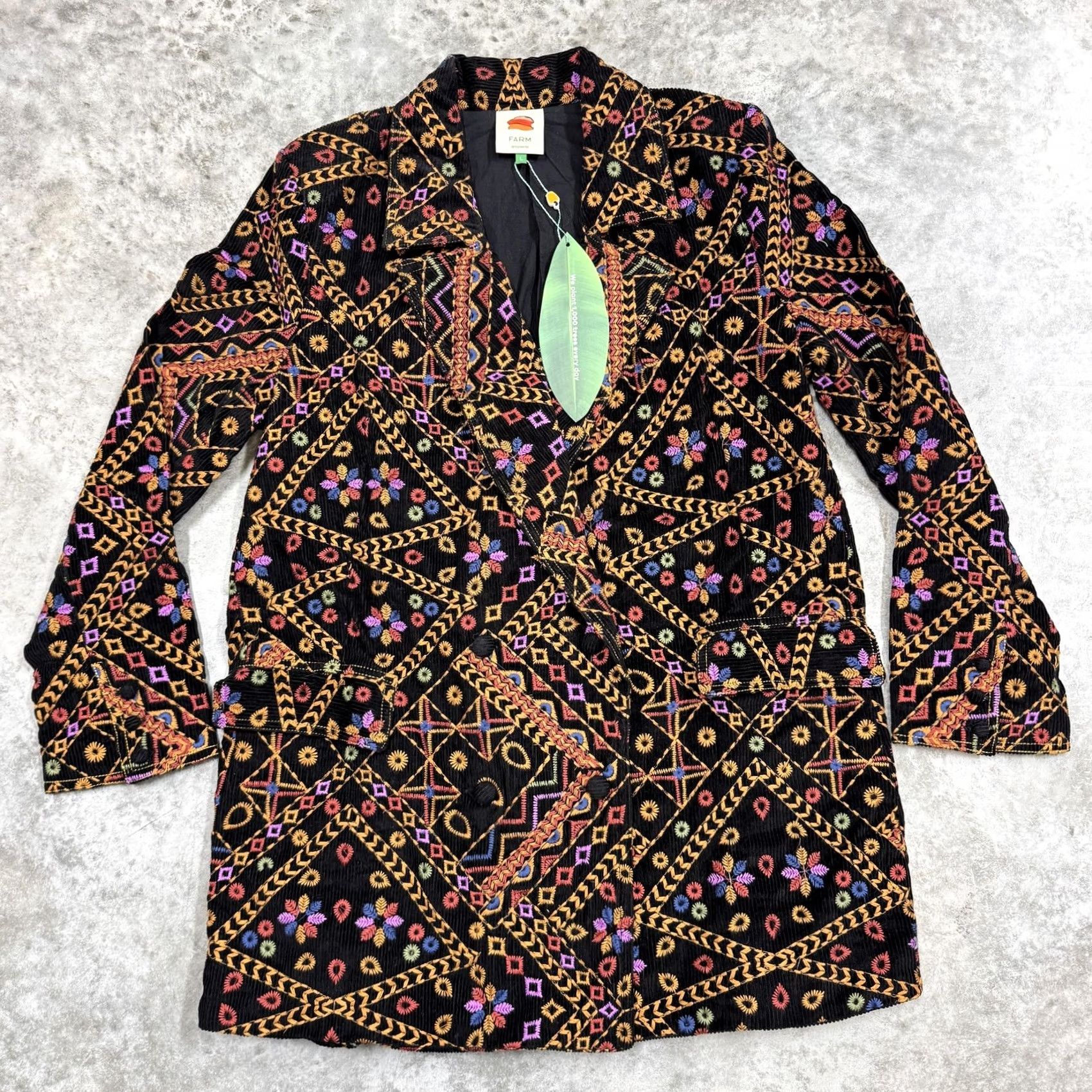 Farm Rio Farm Rio Blazer Womens Medium Multicolor Corduroy Embroidered Geometric Notch Lapel Long Sleeve Long Jacket Dressy Tuxedo Style Size M / US 6-8 / IT 42-44 - 3 Thumbnail