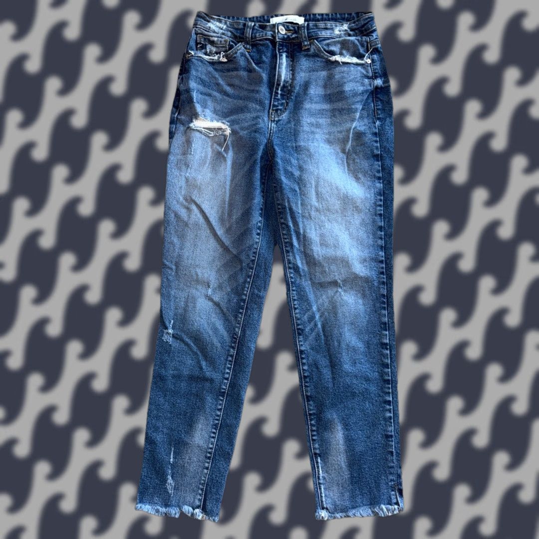 Vintage Kancan Jeans Women’s 27 Denim Distressed Raw Hem Stretch Blue Mid Rise 5-Pocket City Modern Straight Size 27" / US 4 / IT 40 - 1 Thumbnail