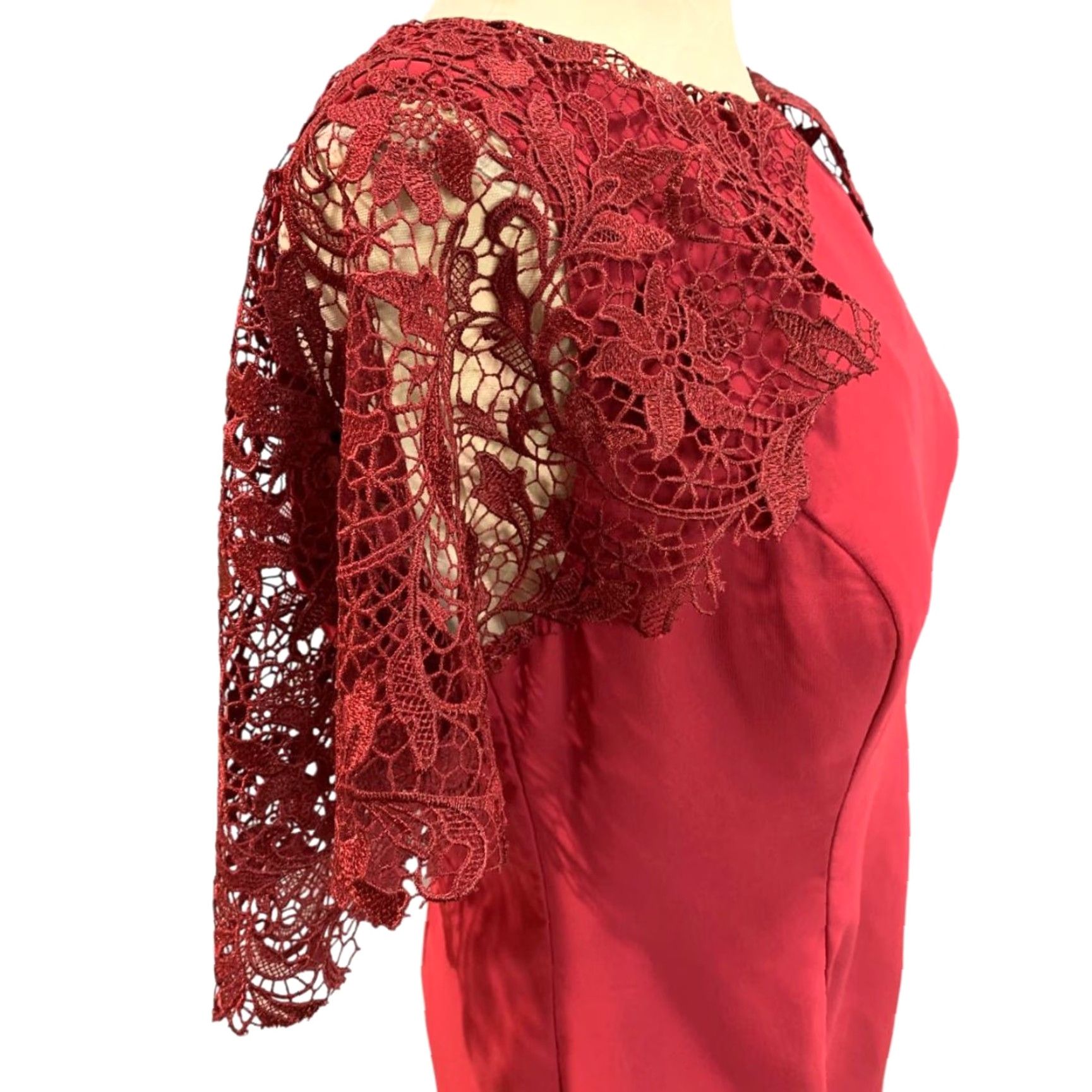 Vintage A.W. Bridal Dress Sheath Size 14 Women Long Burgundy Red Lace Overlay Sleeve Dark Red Wine Burgundy Size XL / US 12-14 / IT 48-50 - 4 Thumbnail