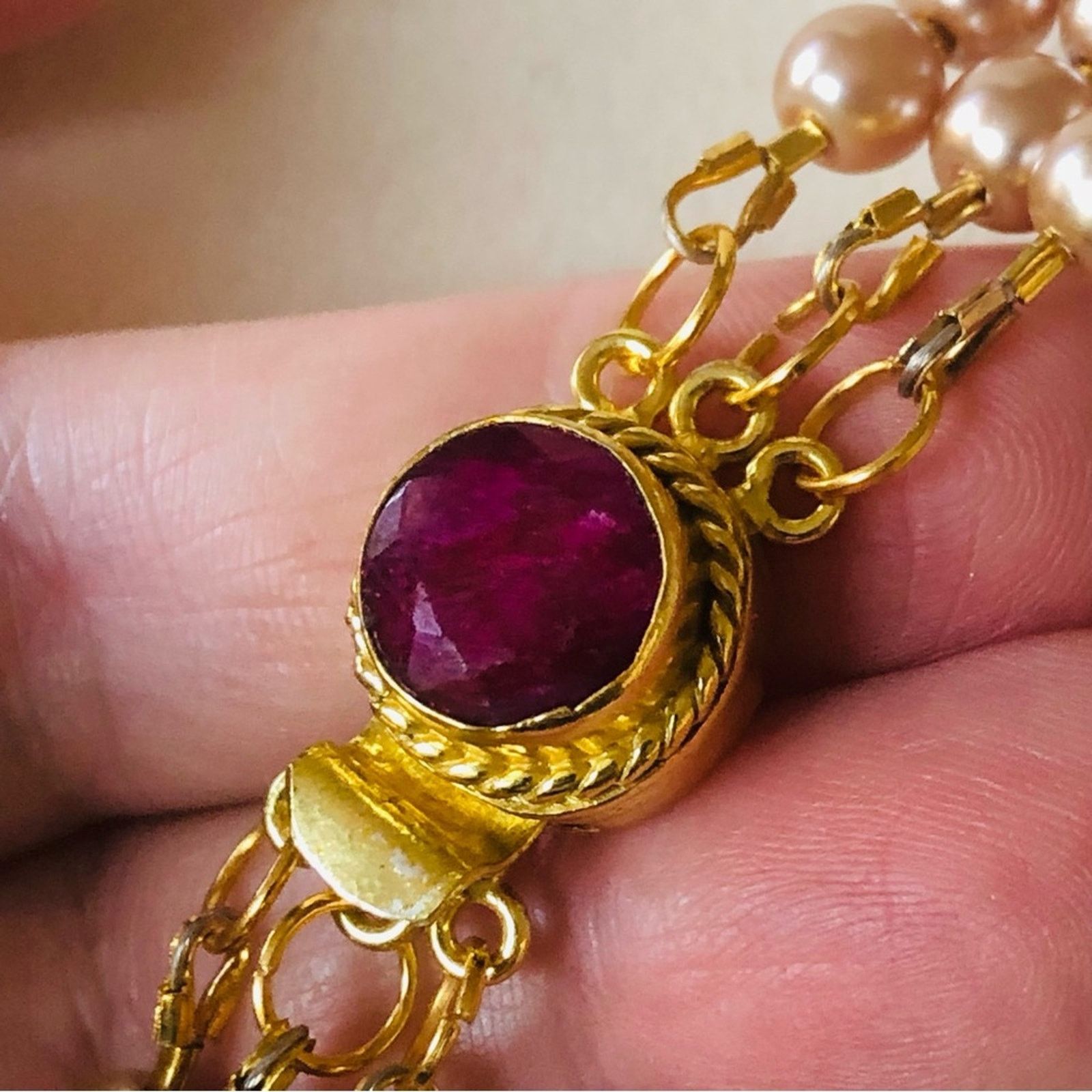 Handmade Handcrafted triple strand tan pearl genuine ruby necklac Size ONE SIZE - 8 Thumbnail