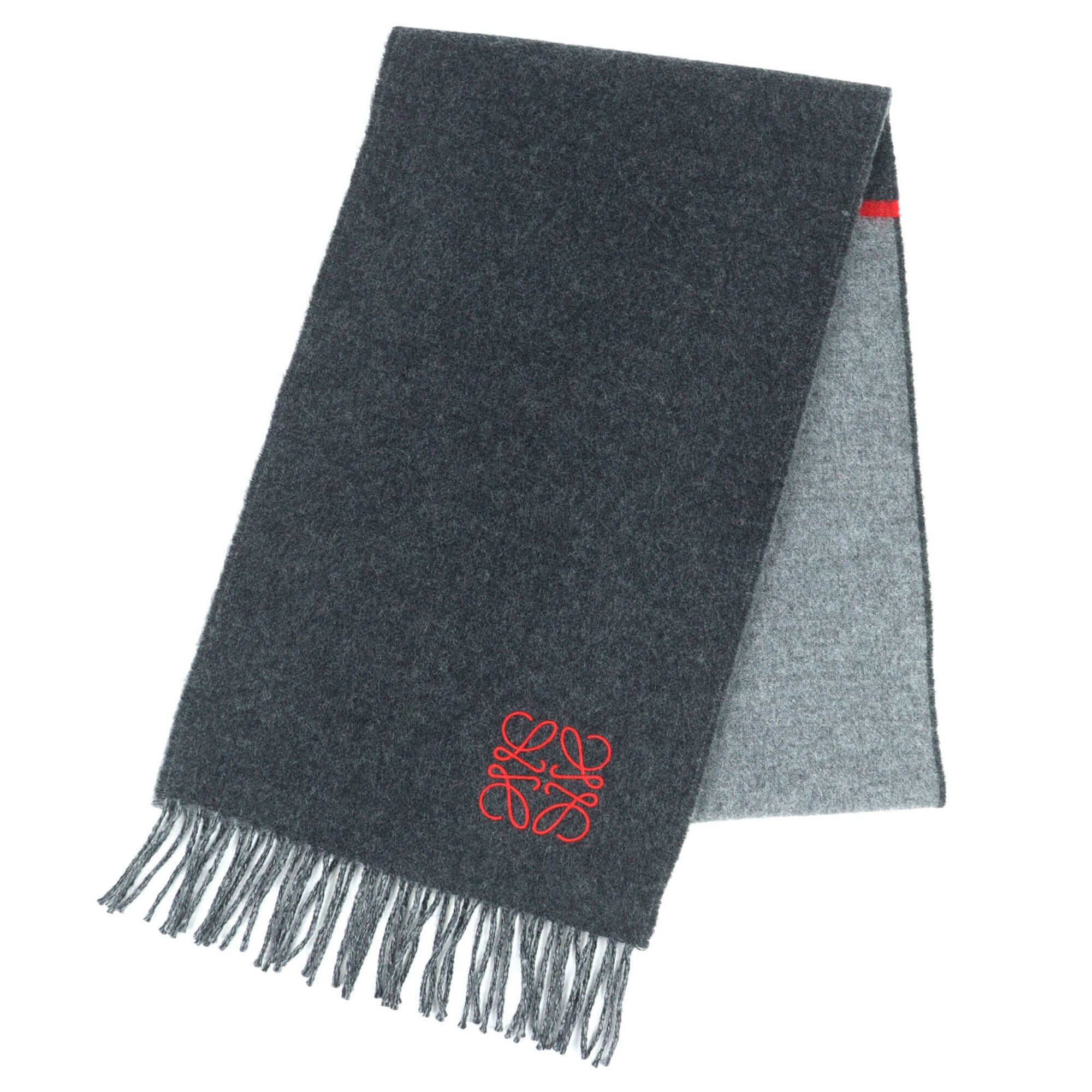 Loewe LOEWE wool and cashmere long scarf with anagram embroidery fringe, gray red, made in England, authentic, women's, highly recommended! Size ONE SIZE - 1 Thumbnail