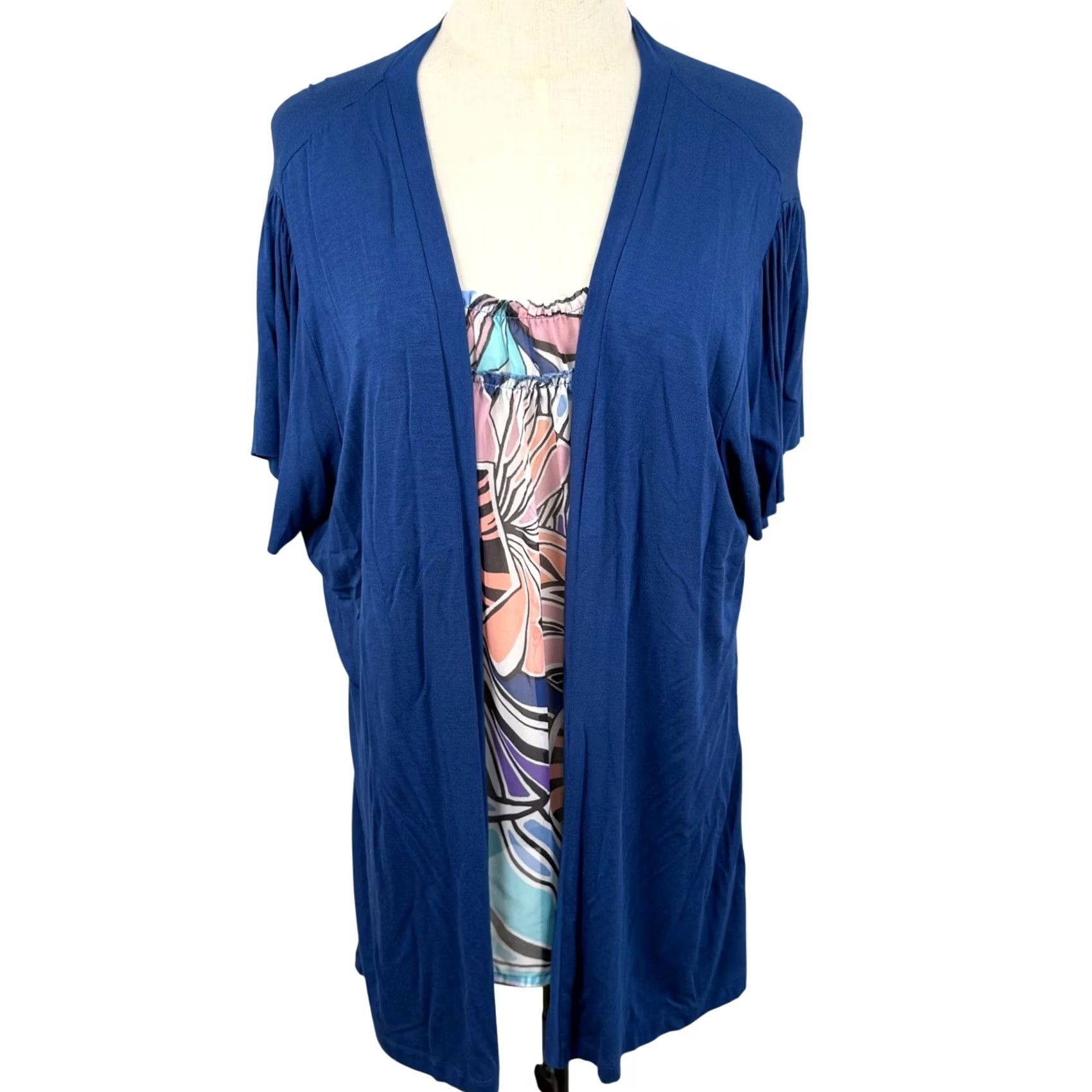 Vintage NWT August Silk Womens XL 2-in-1 Layered Top Blue Floral Cardigan Tank Office Shirt Blouse Women XL Blue Floral 2-in-1 Layered Size XL / US 12-14 / IT 48-50 - 2 Thumbnail