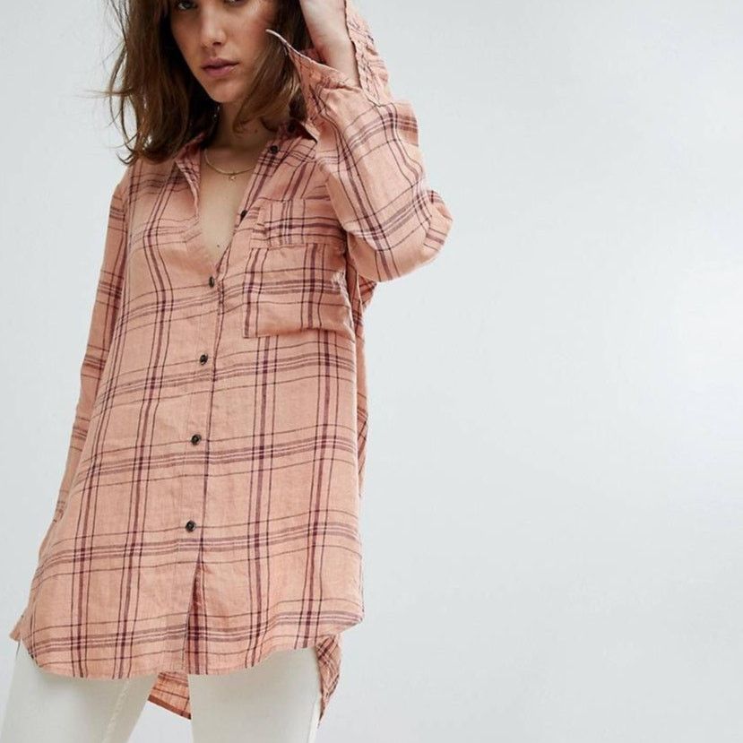 Free People Free People Linen No Limit Shirt Orange Plaid Longline M Size M / US 6-8 / IT 42-44 - 1 Thumbnail