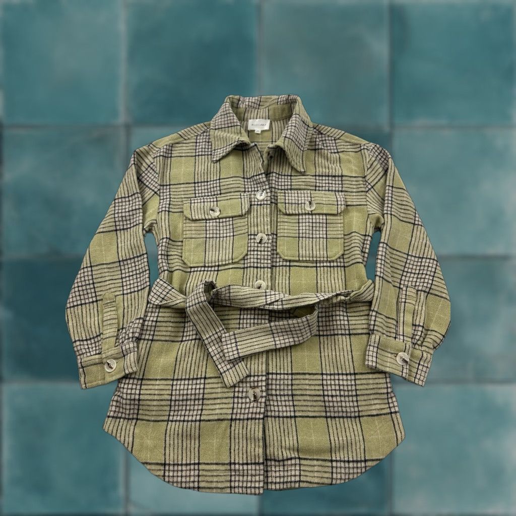 Vintage Line and Dot Jacket Womens Medium Plaid Belted Shacket Beige M Size M / US 6-8 / IT 42-44 - 1 Thumbnail