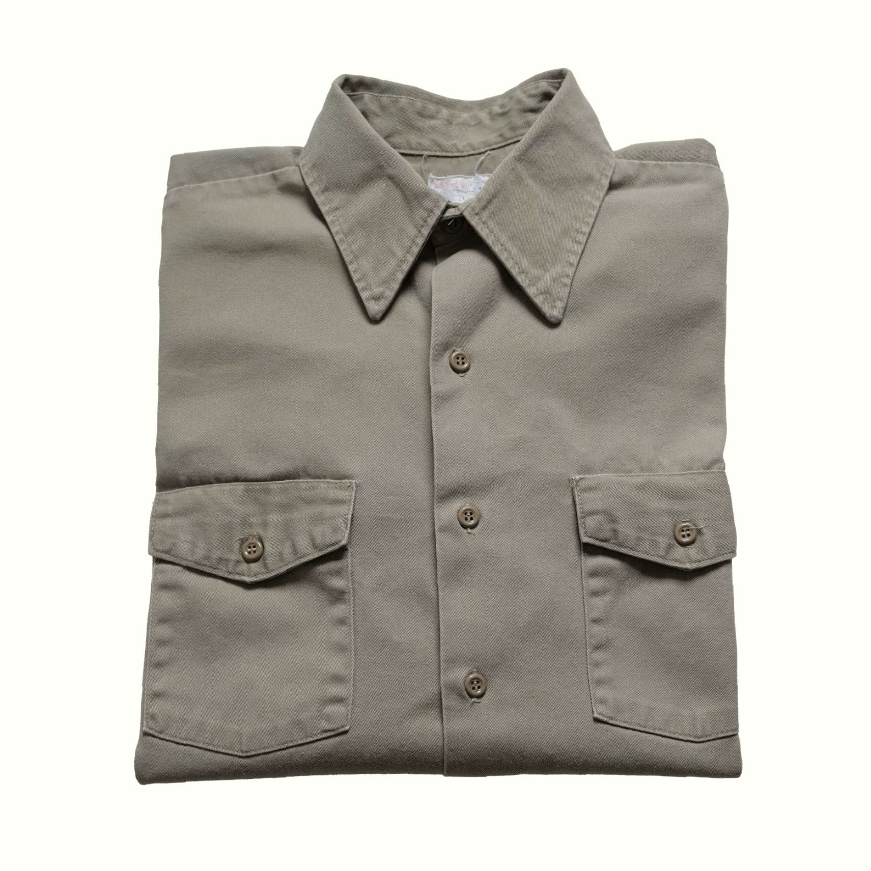 Vintage TUF NUT VTG 60s 70s USA WORKWEAR ARMY MILITARY KHAKI BUTTON FRONT SHIRT L Beige 16 1/2"> Size US L / EU 52-54 / 3 - 2 Thumbnail