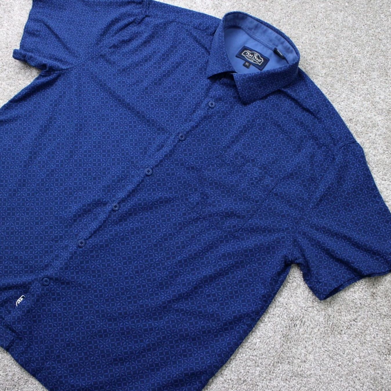 Nat Nast Nat Nast Shirt Mens XL Blue Geometric Silk/Cotton Blend Short Sleeve Button Up Size US XL / EU 56 / 4 - 3 Thumbnail