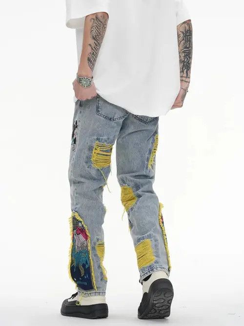 Jean Embroidered Patch Denim Ripped Jeans Size US 34 / EU 50 - 2 Thumbnail
