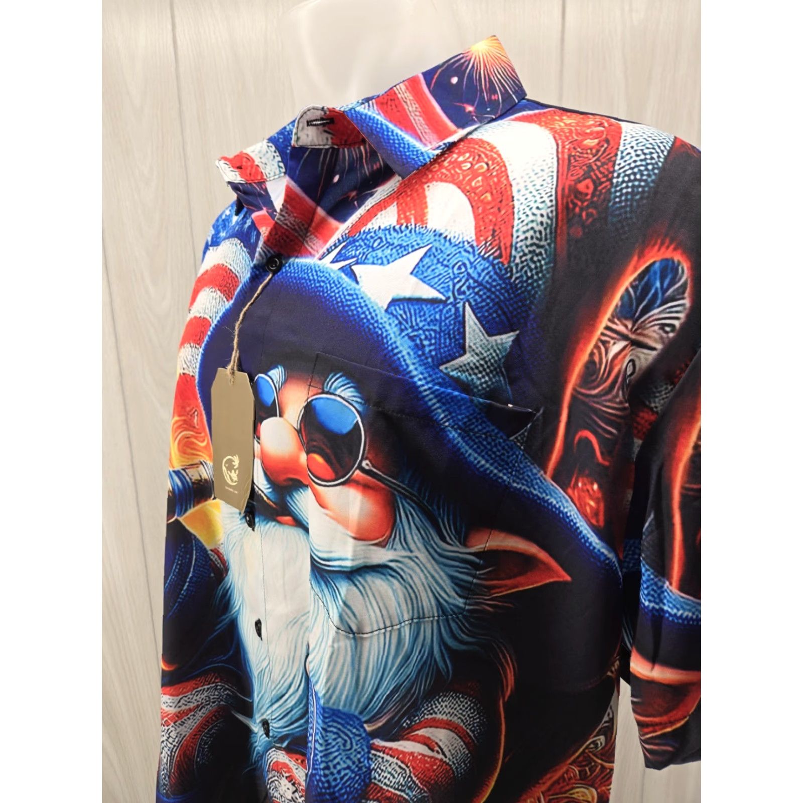 Vintage HARDADDY American Flag W/Gnome Short Sleeve Button-Up Shirt XL Mens Red White & Blue, Patriotic, USA, Button-Up, Casual, Travel, Workwear Size US XL / EU 56 / 4 - 5 Thumbnail