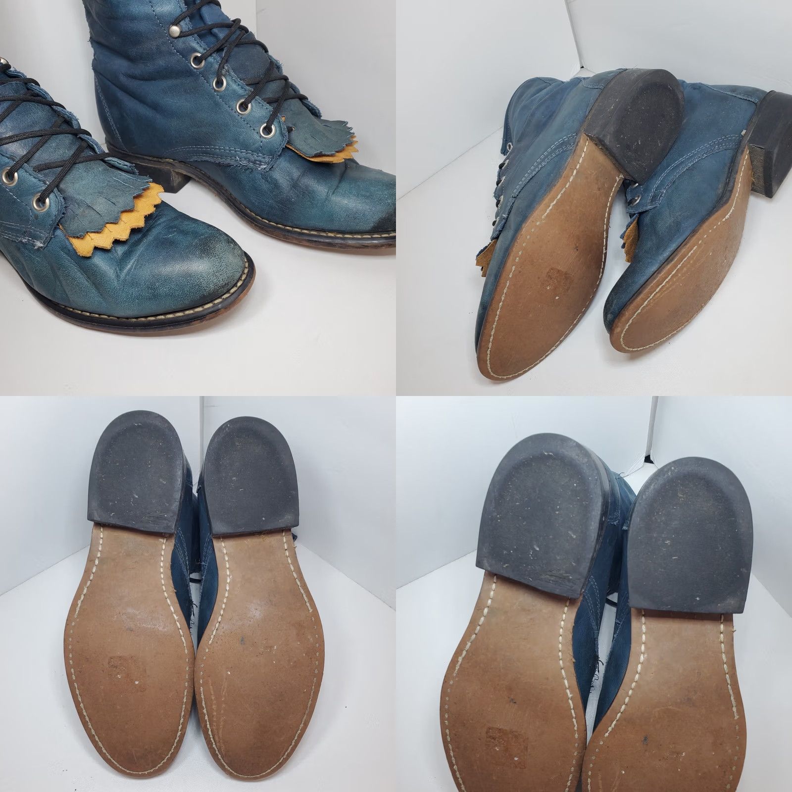 Vintage Laredo Roper Boots Womens 7M Teal Blue Leather Kiltie Western Riding Lace Up Fringe Vintage Cowboy Boot Mens? Ladies? Size US 7 / IT 37 - 8 Thumbnail