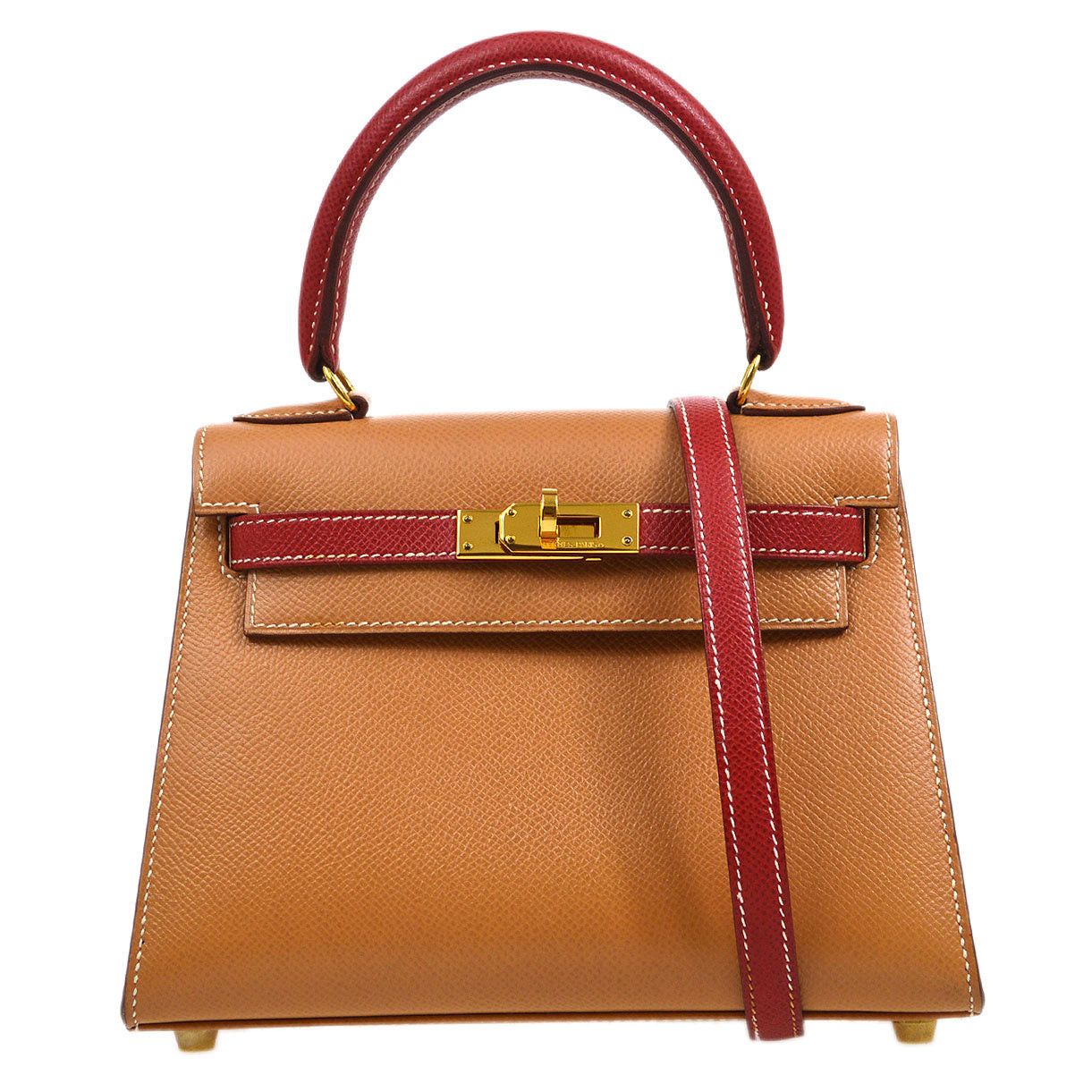 image of Hermes 1994 Mini Kelly 20 Sellier Courchevel Natural Rouge Vif 23860 in Black, Women's