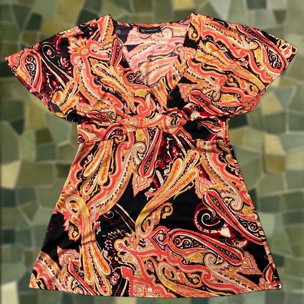 Vintage International Concepts Womens Shirt Top XS Orange V Neck Paisley Flowy Size XS / US 0-2 / IT 36-38 - 1 Thumbnail