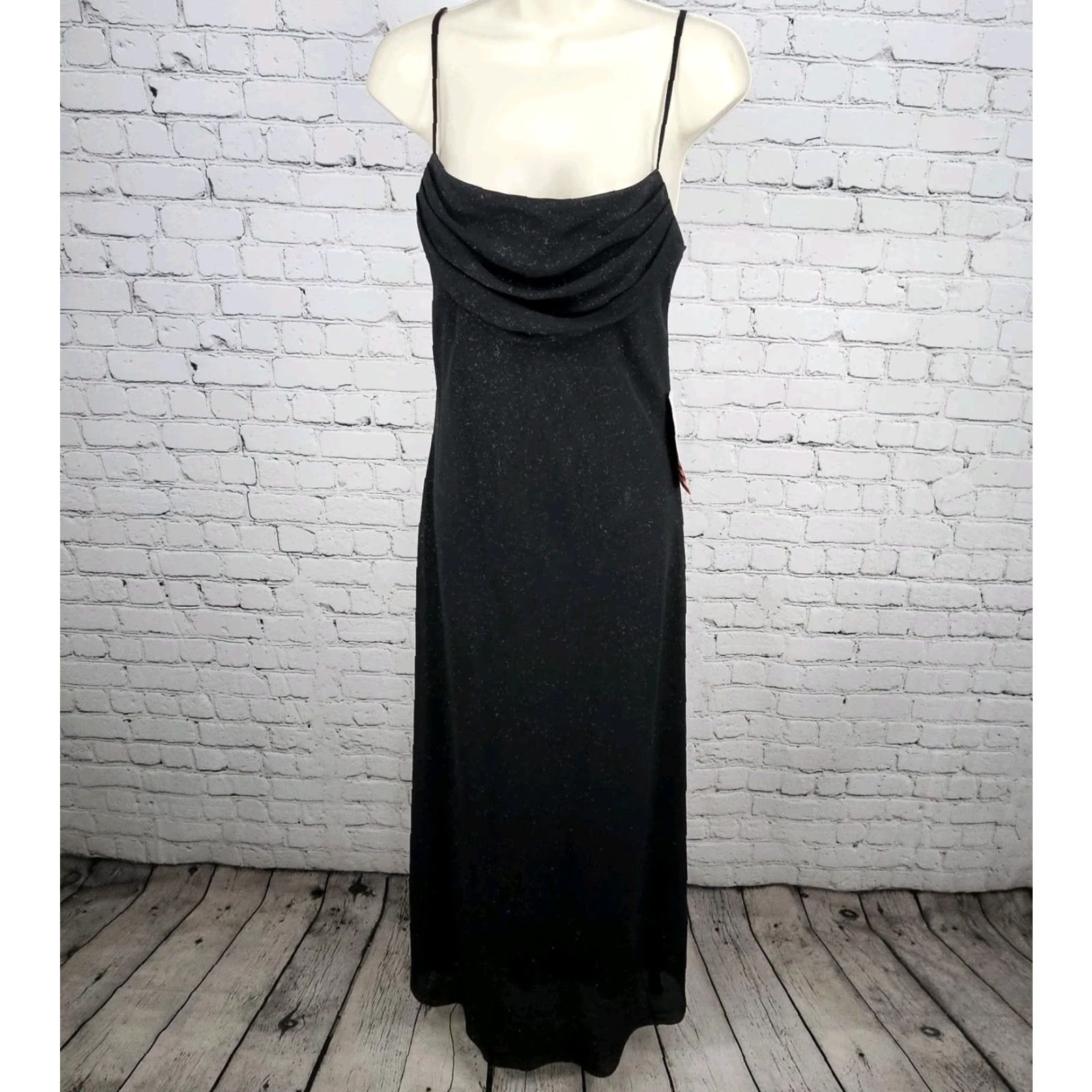 Vintage NWD Karina Nites Black Glitter Sheer Overlay Strappy Ruched Maxi Dress 6 Size M / US 6-8 / IT 42-44 - 2 Thumbnail