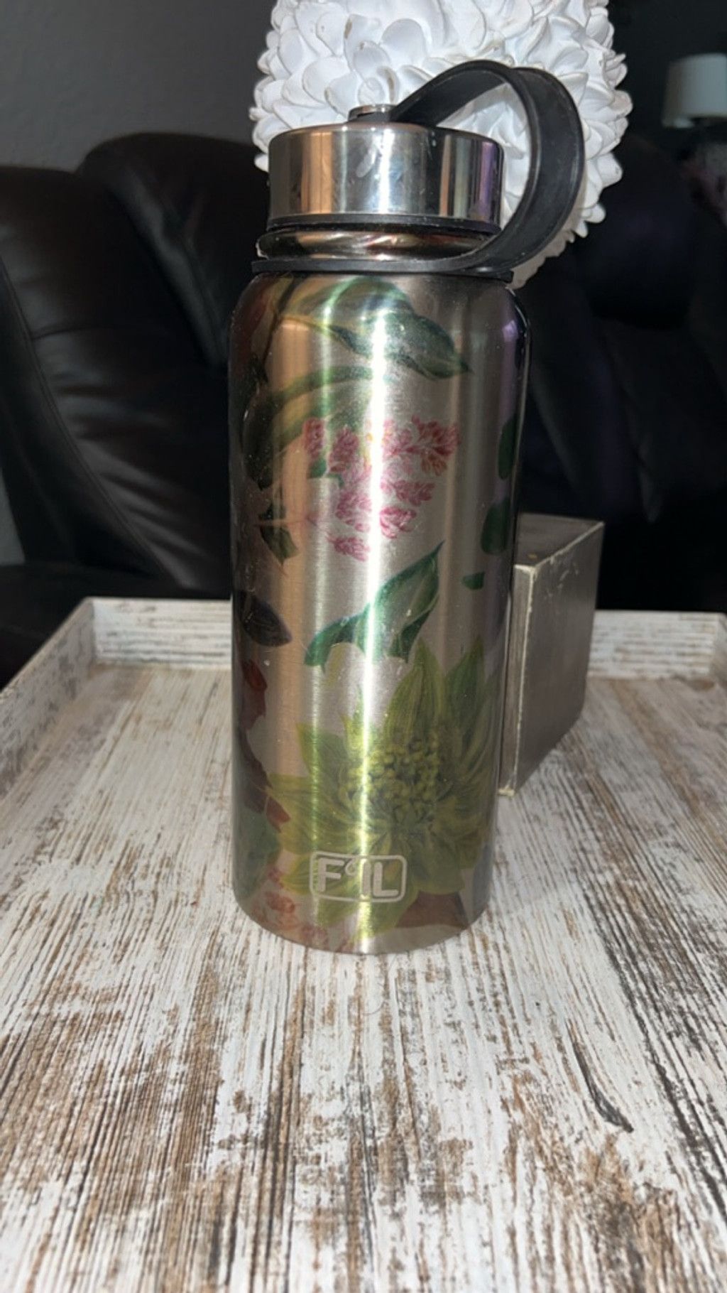 The Unbranded Brand Unbranded Floral Stainless Steel Water Bottle Silver Green Size ONE SIZE - 1 Thumbnail