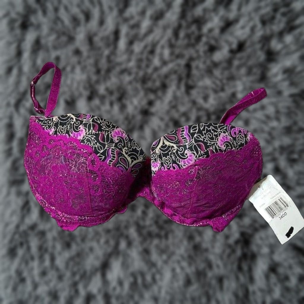 Vintage Underella by Ella Moss Bra Balconette Underwire 34DD Lace Y2K Romantic Floral Purple Womens Girls Size ONE SIZE - 1 Thumbnail