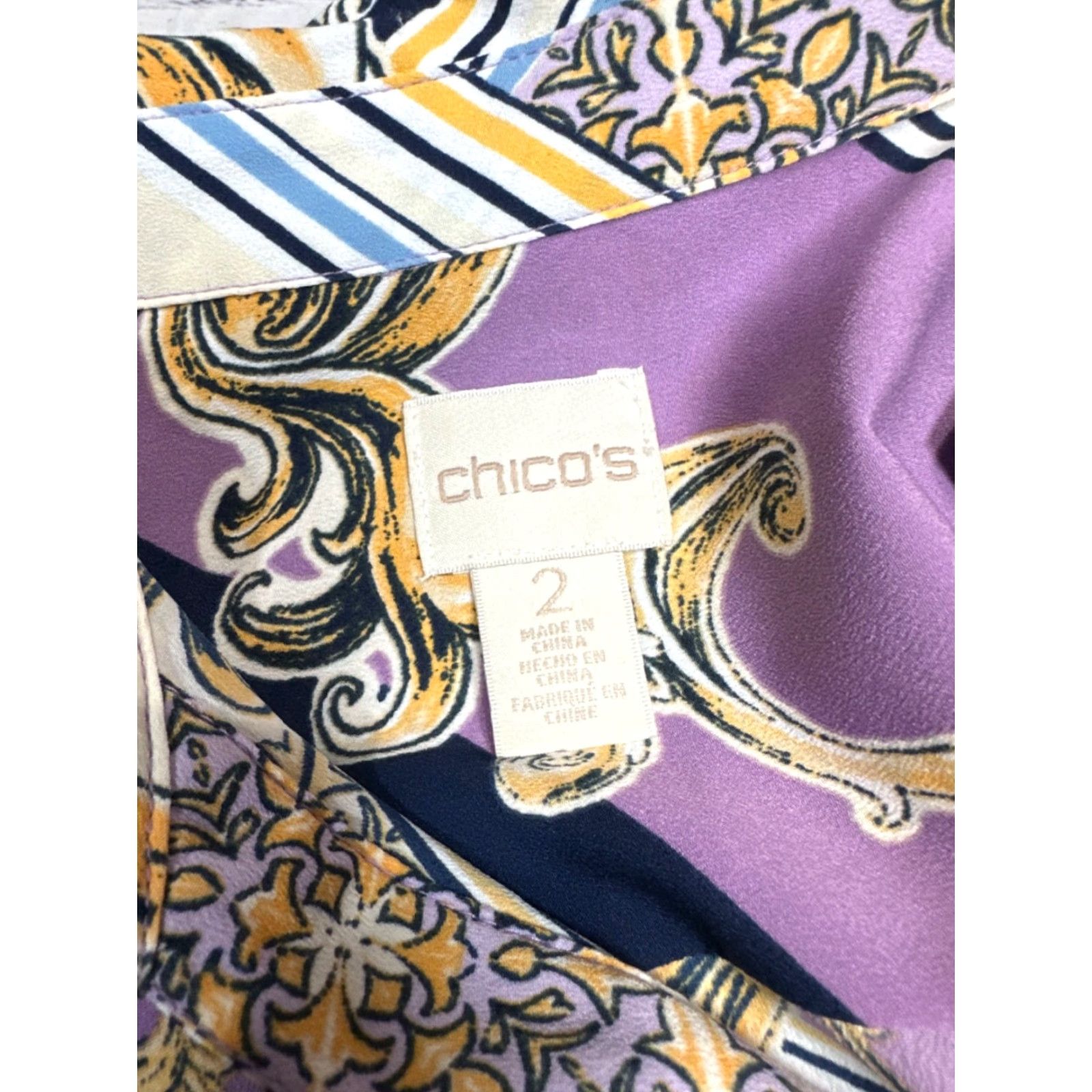 Vintage Chico's Blouse Shirt Tunic Long Sleeve Purple Print Collar Sz Large Womens L Size L / US 10 / IT 46 - 6 Thumbnail