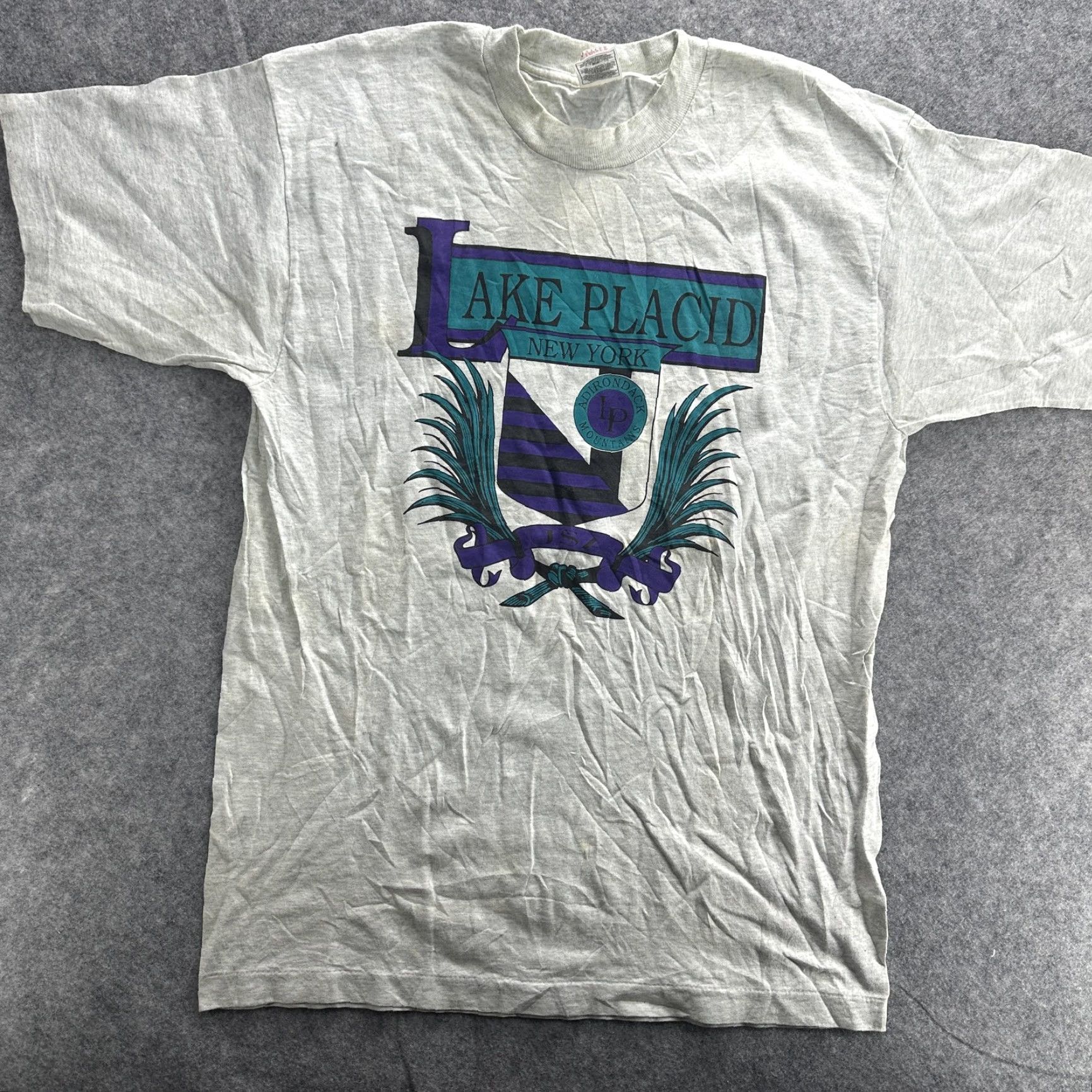 Fruit Of The Loom VINTAGE Lake Placid T-Shirt Men Large Gray Adirondack Mountains Crest 90s USA Travel Outdoor Cotton Size US L / EU 52-54 / 3 - 2 Thumbnail