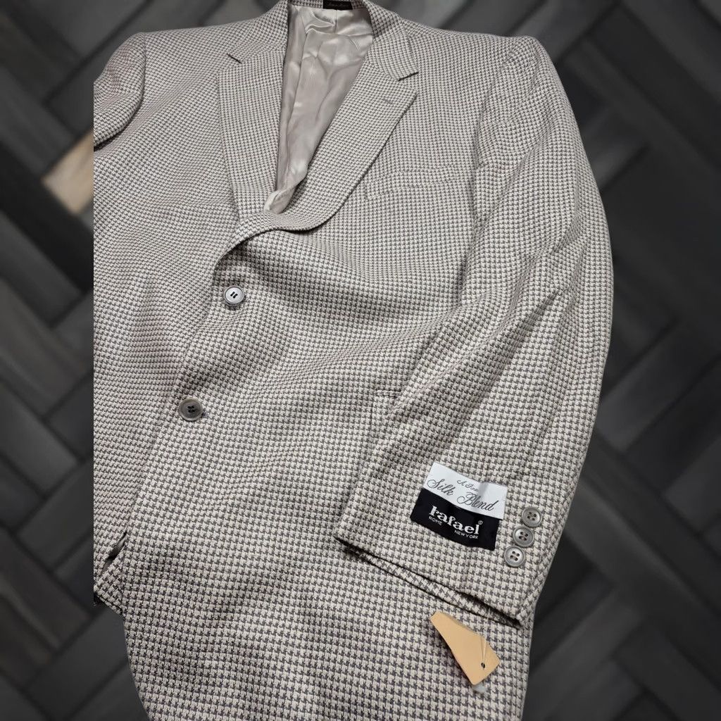 Vintage VTG Jahardi Blazer Mens 50 Long Beige Chateau Silk Blend Houndstooth Sport Coat Size 50R - 1 Thumbnail