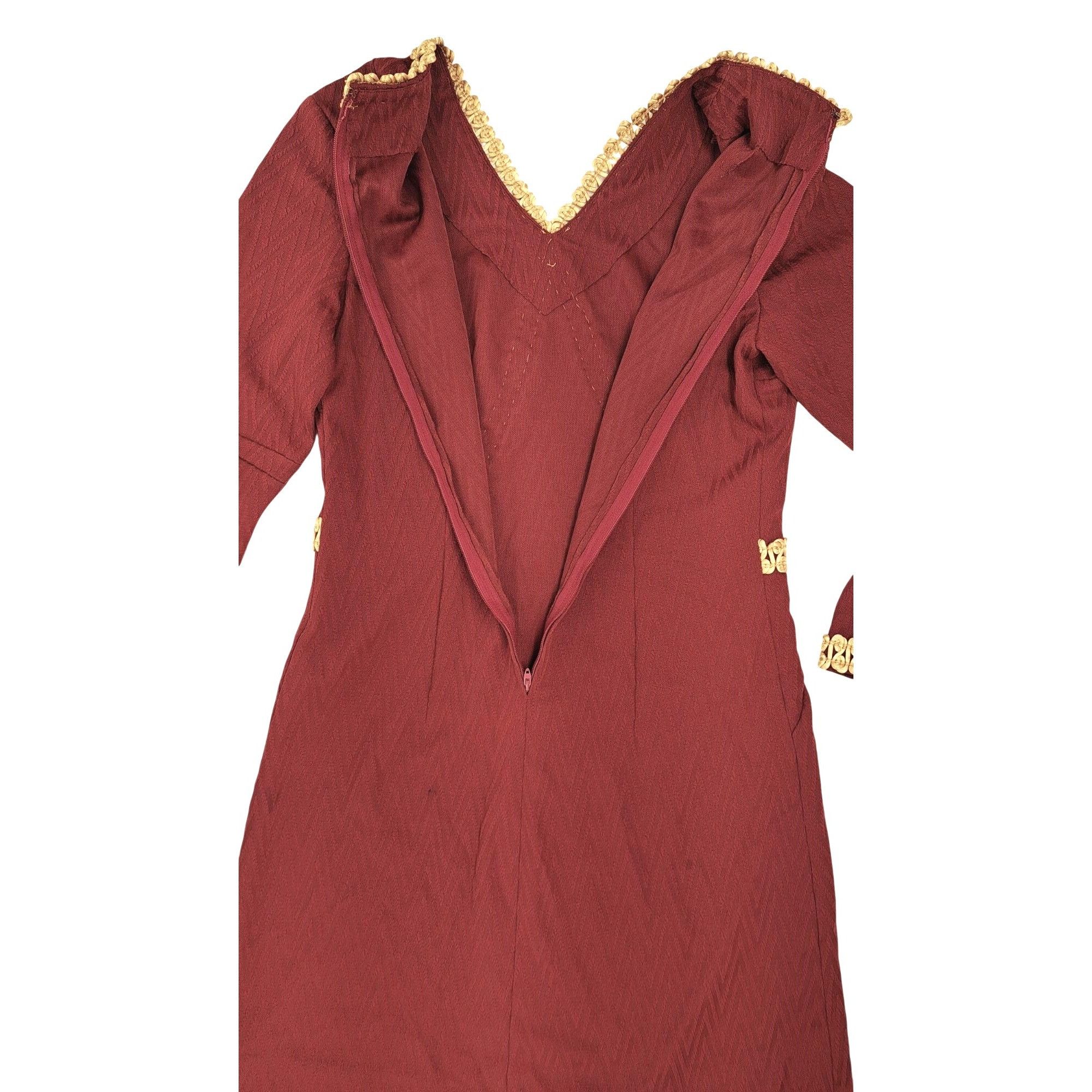 Handmade Vintage Handmade Maroon Dress Gold Gimp Trim Long Sleeve Size M / US 6-8 / IT 42-44 - 8 Thumbnail