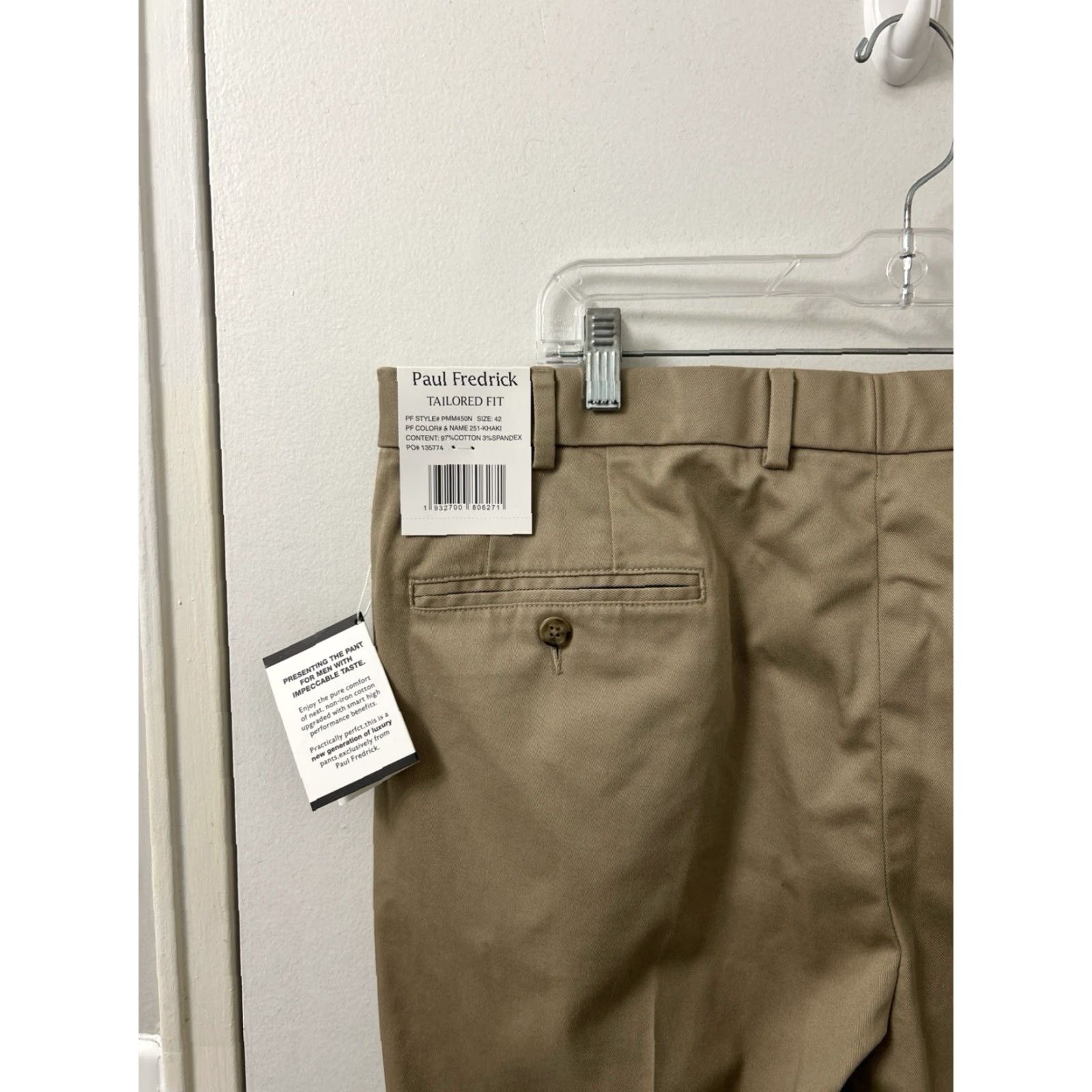 Vintage Paul Fredrick Pants Mens 42x28 Tan Khaki Tailored Fit NWT Zipper Button Chino Stretch Wrinkle Resistant Cotton Blend 5-Pocket Size US 42 / EU 58 - 4 Thumbnail