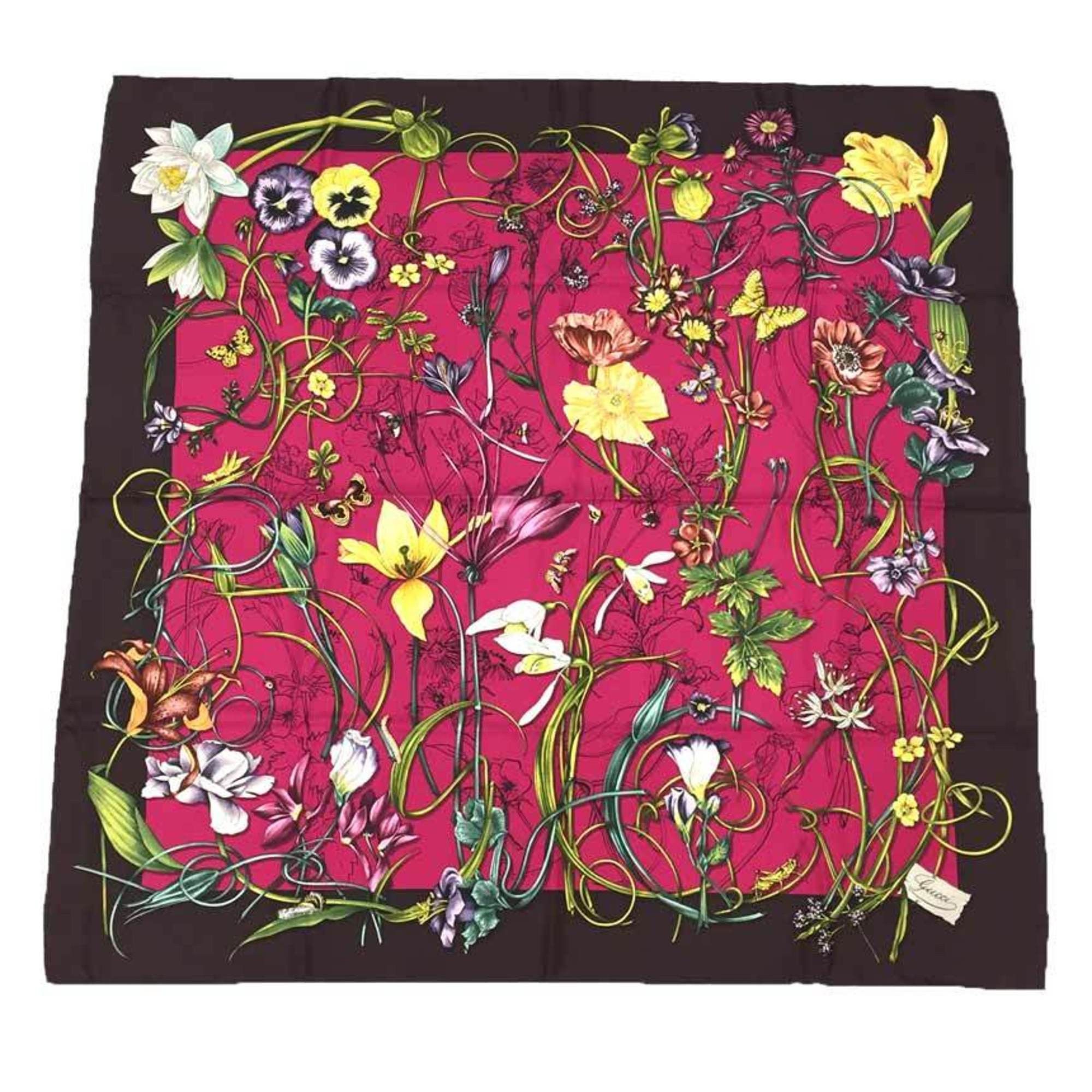 image of Gucci Flora Print Scarf Muffler Large Carre 100% Silk Flower Pink X Bordeaux Aq9410 in Red, Women's