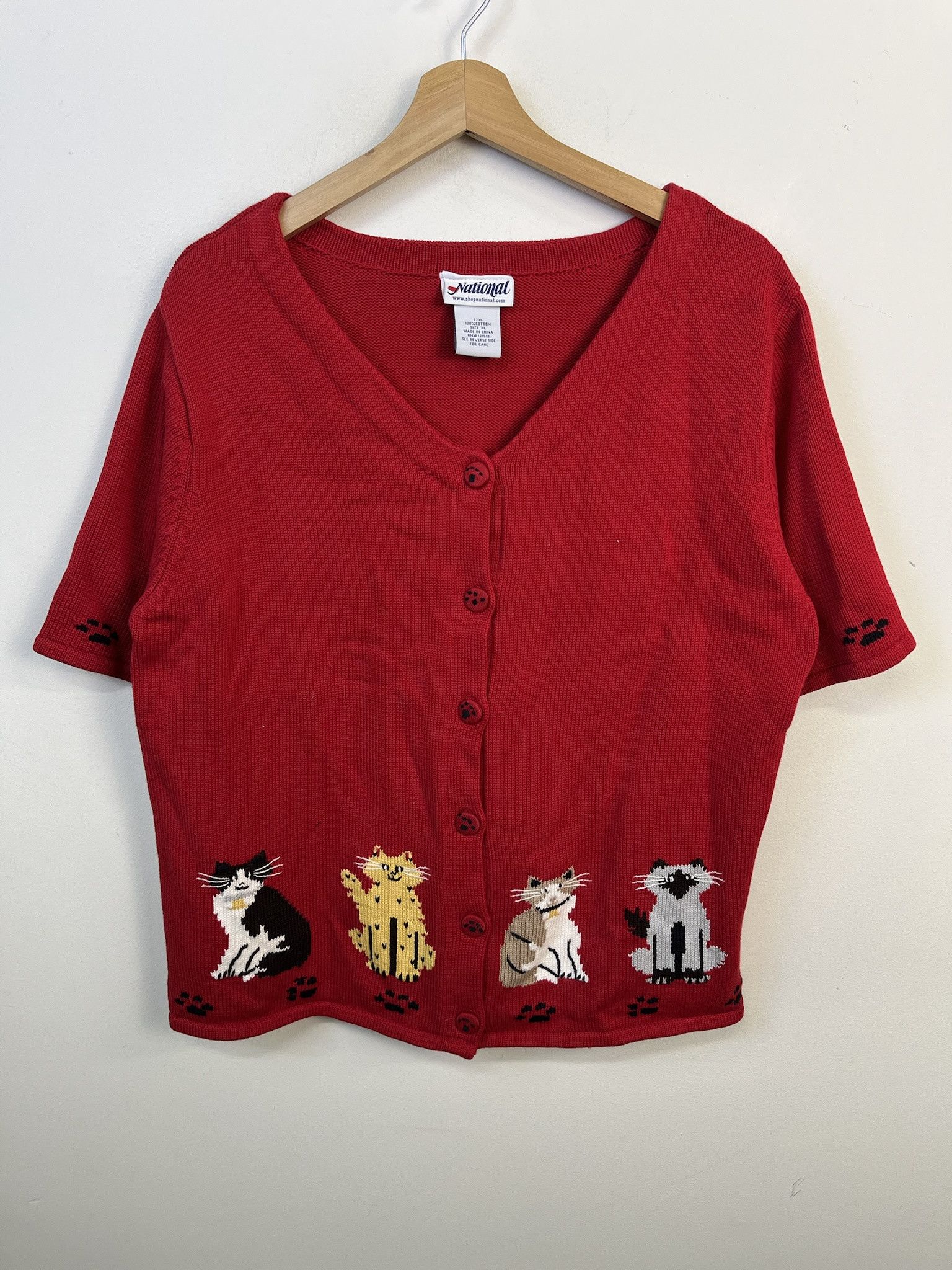 Other Vintage Knit Sweater 1990s Cats Paw Print Knit Short Sleeve Cardigan Size M Size US M / EU 48-50 / 2 - 1 Thumbnail