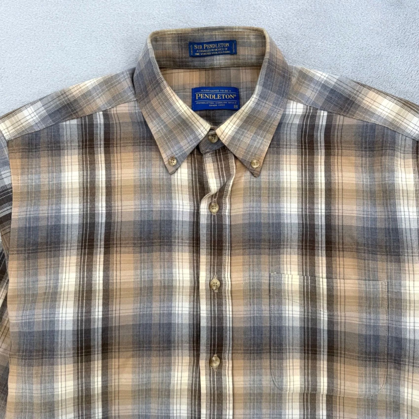 Pendleton Sir Pendleton Mens Plaid Worsted Wool Button-Down Shirt Tan Brown Grey M Size US M / EU 48-50 / 2 - 3 Thumbnail