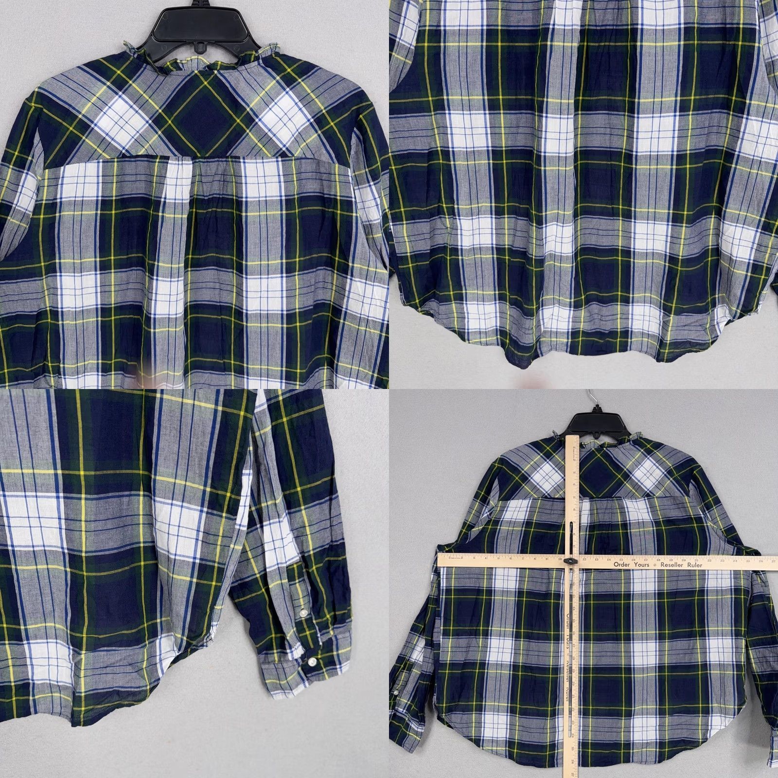 J.Crew J.Crew Shirt Womens 18 Blue Plaid Ruffle Neck Henley Long Sleeve Cotton Picnic Size XXL / US 16-18 / IT 52-54 - 8 Thumbnail
