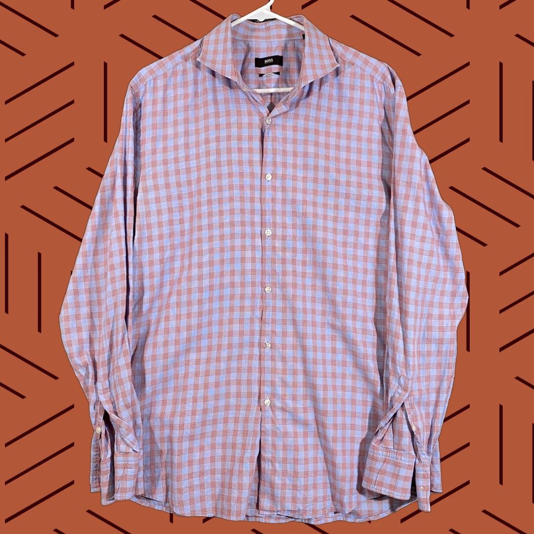 Hugo Boss VINTAGE Hugo Boss Shirt Mens 44/17.5 Slim Fit Red Blue Plaid Button Up Long Sleeve Dress Size 48R - 1 Thumbnail