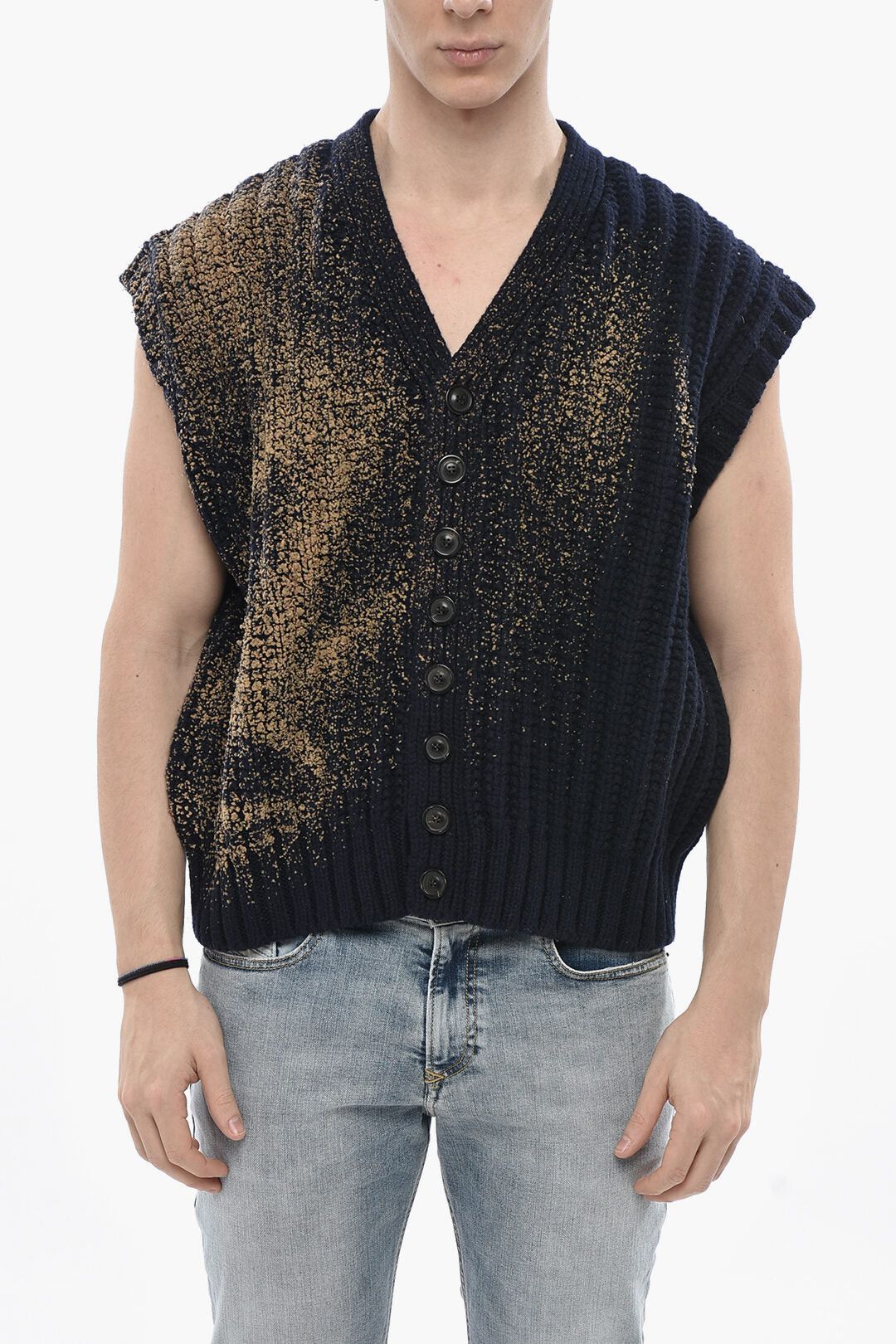 MM0 Sleeveless Wool Cardigan With Coated Details