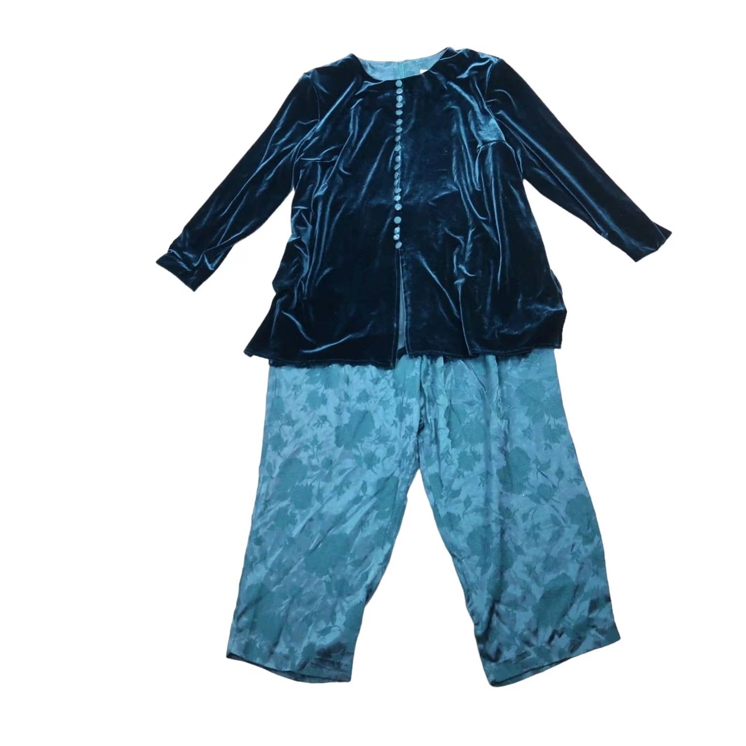 Velvet VINTAGE Silhouettes 90s dark green velvet top and satin pants set Women 20WP Casual Workwear Party Floral Size 3XL / US 20-22 - 2 Thumbnail