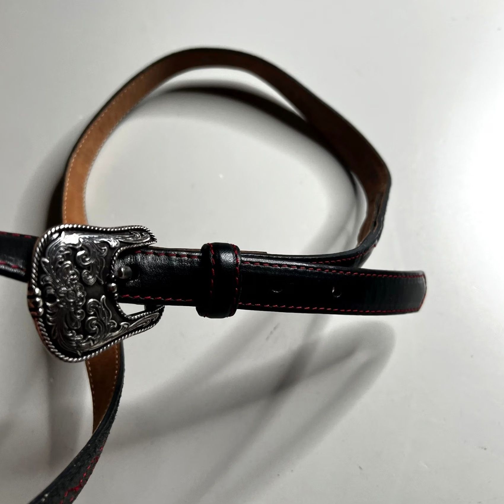 Tony Lama VINTAGE Tony Lama Mens Black Leather Western Belt Red Stitching Silver Buckle 36 Size 36 - 5 Thumbnail