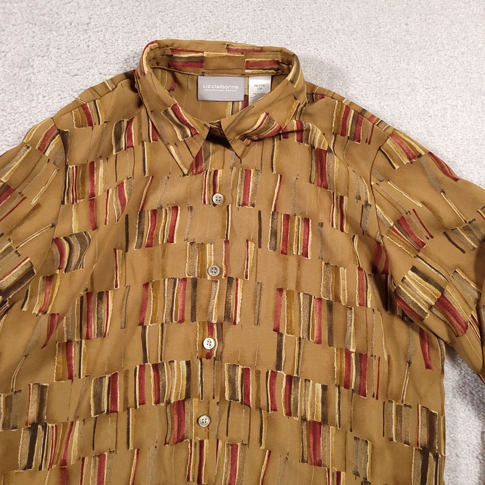 Liz Claiborne VINTAGE Liz Claiborne Button Up Shirt Women's 12P Petite Brown Geometric All Over Print Size XL / US 12-14 / IT 48-50 - 3 Thumbnail