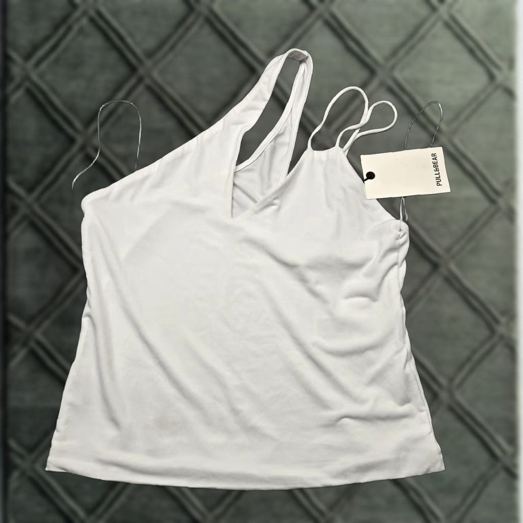 Vintage Pull&Bear Tank Top Womens XL White One Shoulder Camisole Strap Asymmetrical Sleeveless Top Size XL / US 12-14 / IT 48-50 - 1 Thumbnail