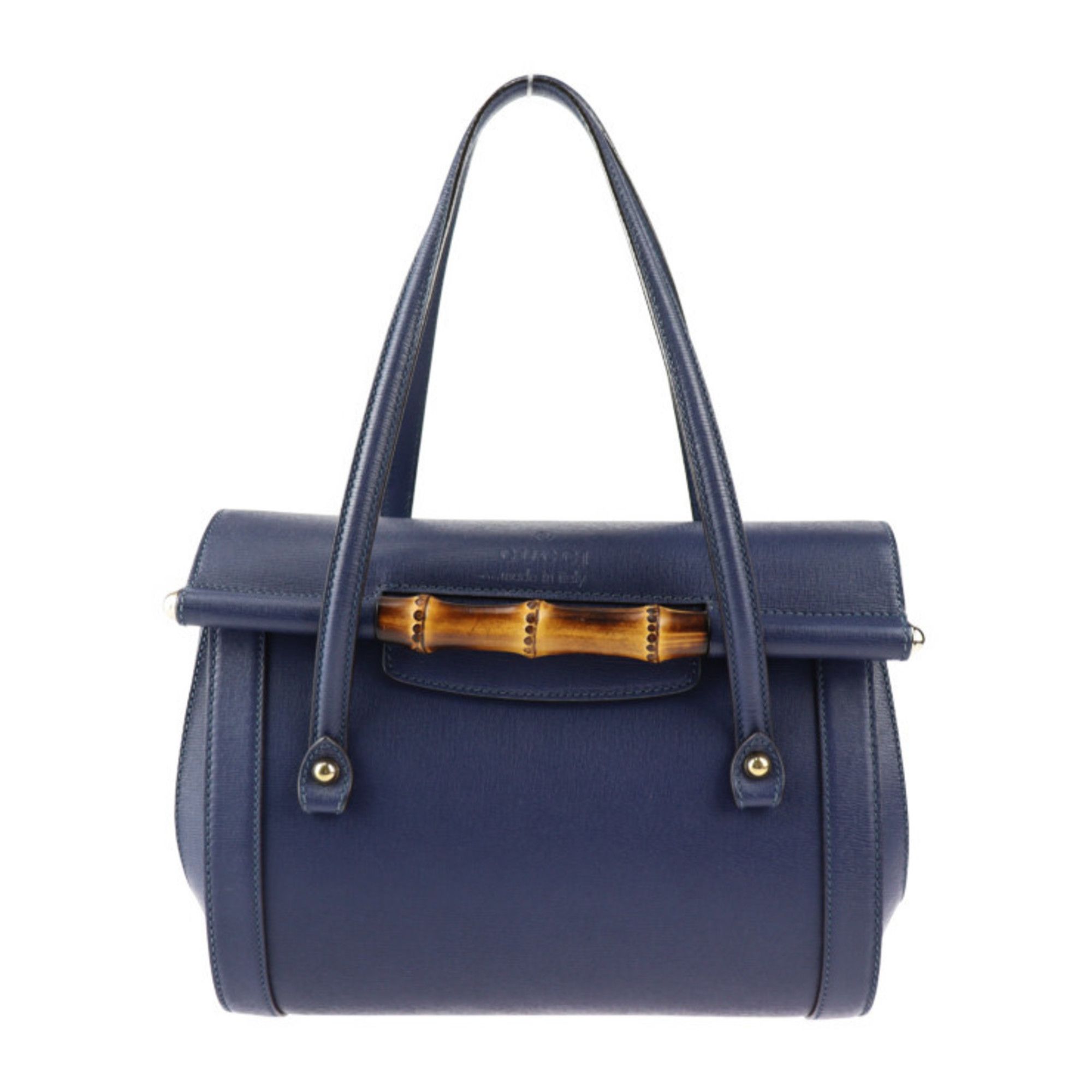 image of Gucci Bamboo Handbag 338989 Leather Navy Gold Hardware Shoulder Bag, Women's