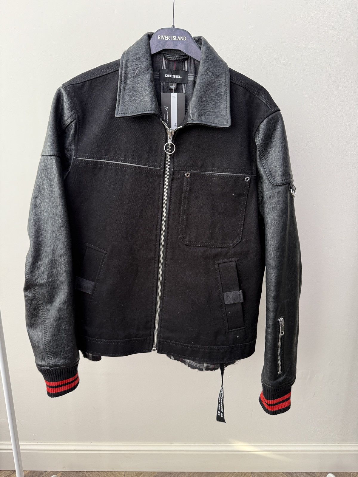 Diesel Vintage Diesel Black Jacket Leather Sleeves Zip Up Size US L / EU 52-54 / 3 - 1 Thumbnail