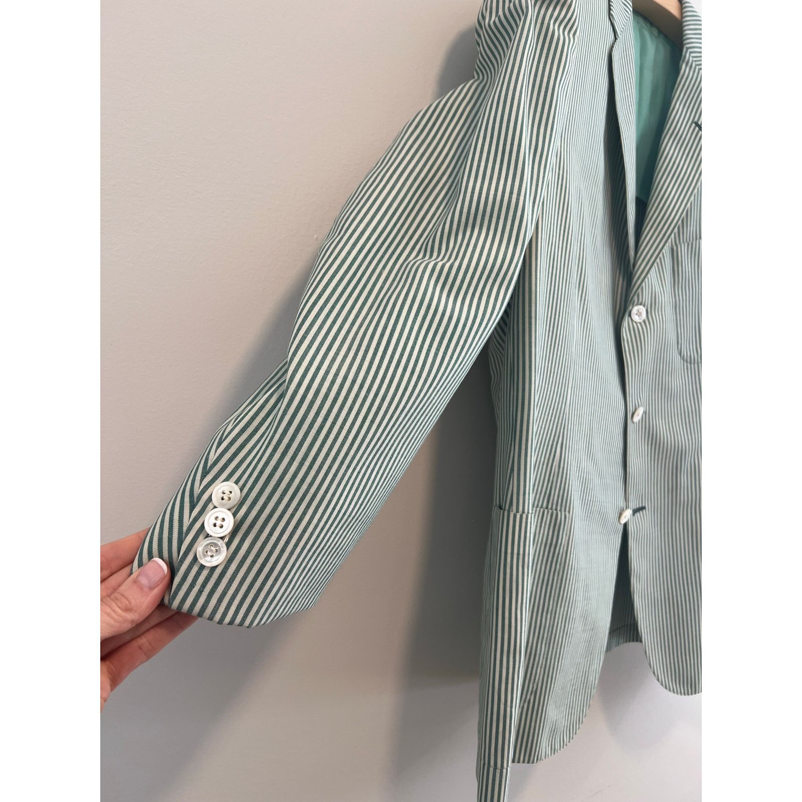 Hickey Freeman Hickey Freeman 3 Button Suit Jacket Green Pinstripe 44 Size 44R - 3 Thumbnail