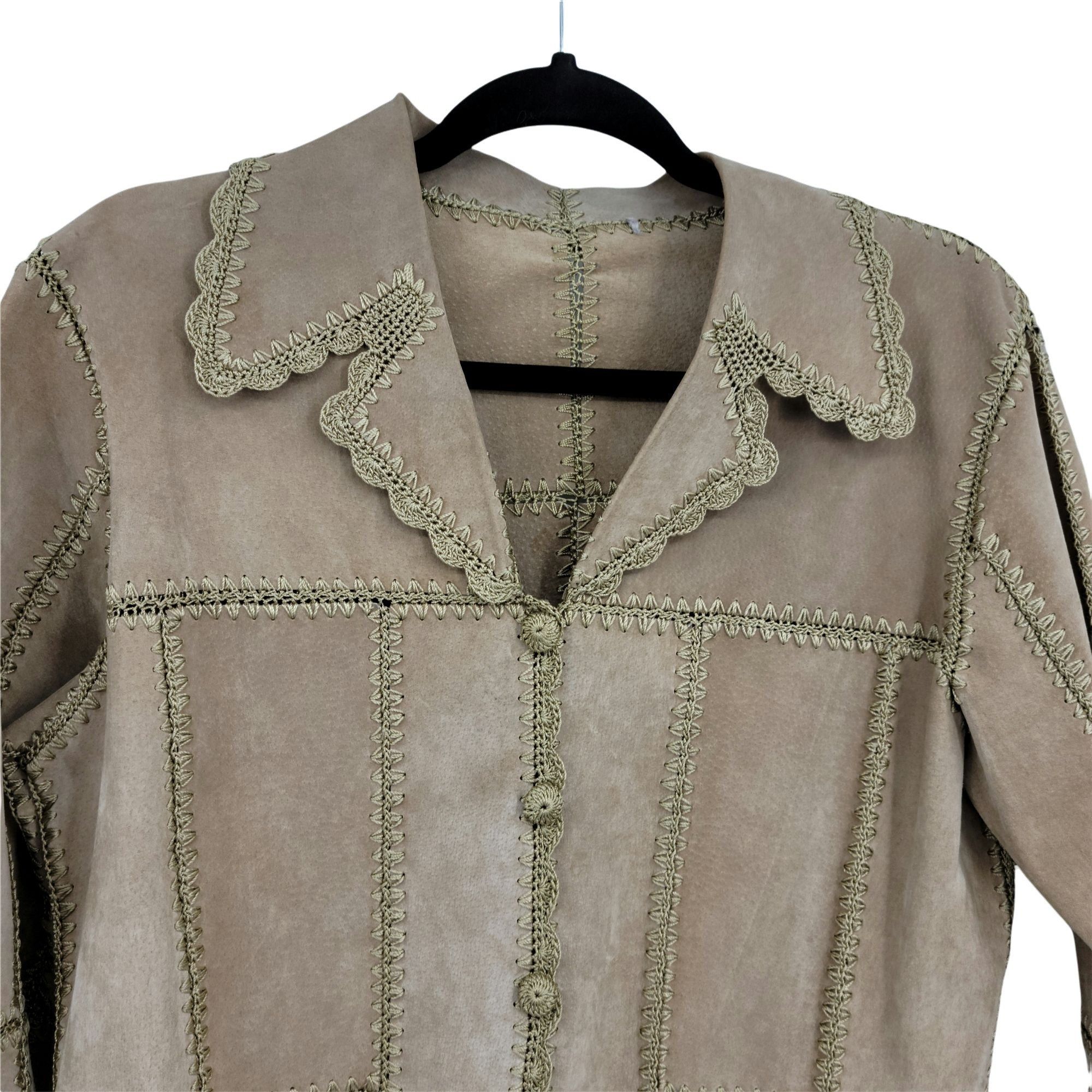 Vintage Vtg Boho Leather Shacket Jacket Sz M Tan Crochet Patchwork S Size M / US 6-8 / IT 42-44 - 3 Thumbnail