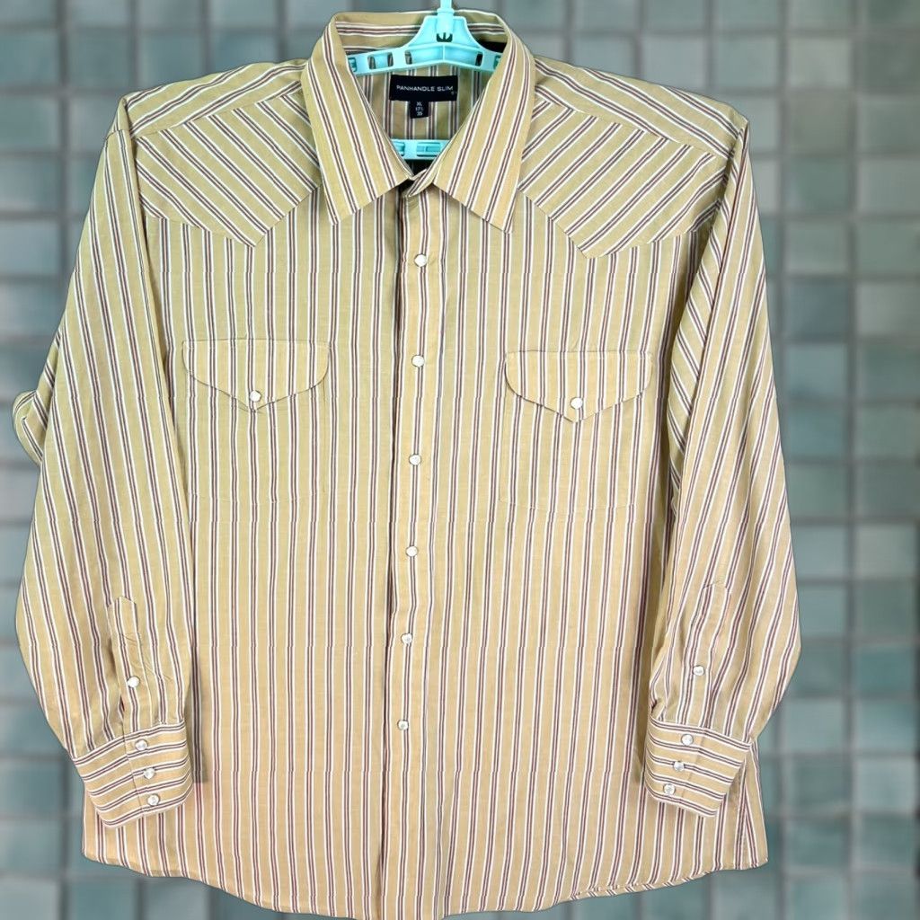 Vintage Panhandle Slim Striped Shirt Mens XL Button-Up Long Sleeve Casual Western Brown Tan USA Classic Striped Size US XL / EU 56 / 4 - 1 Thumbnail