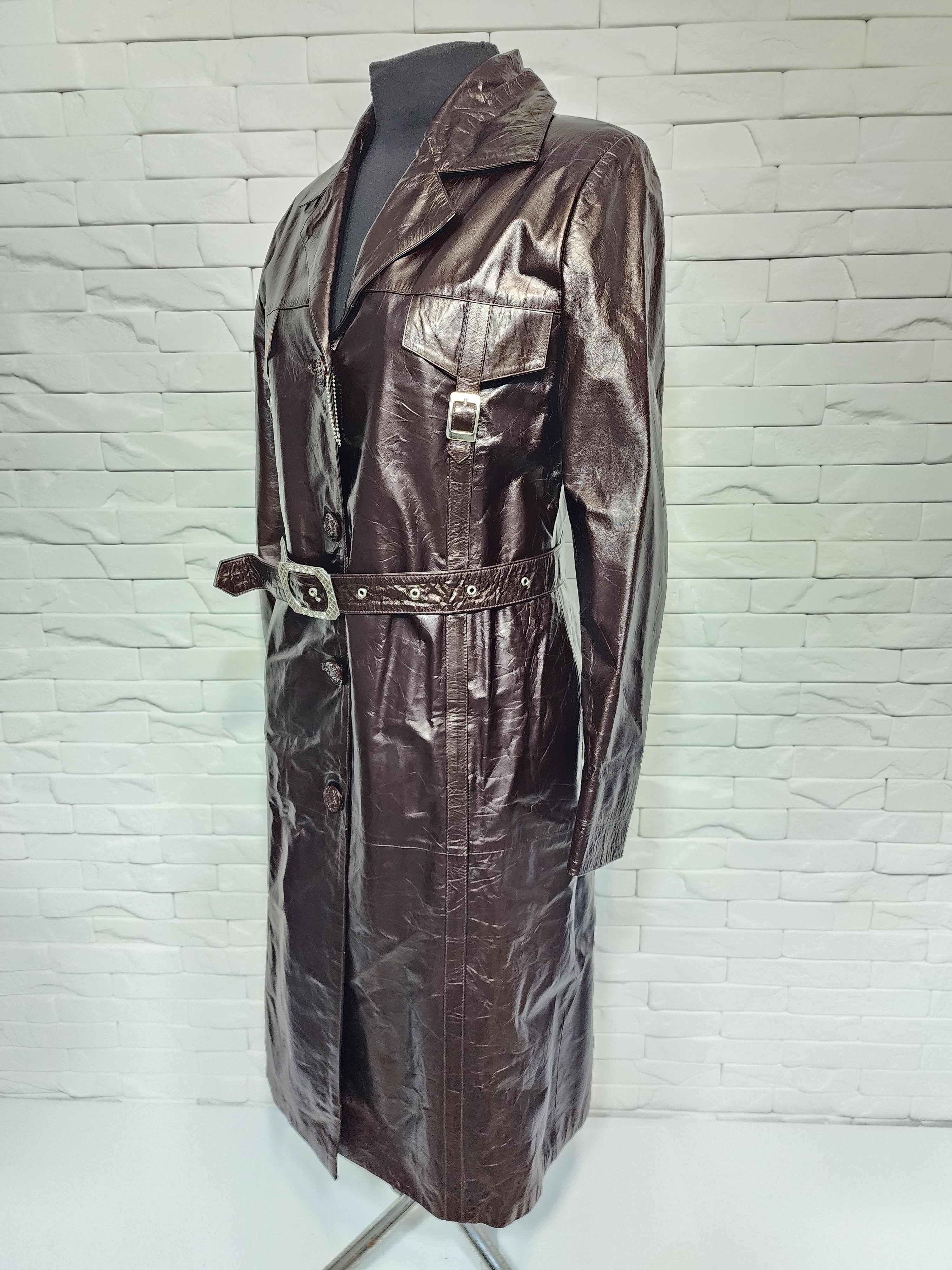 Genuine Leather Brown Patent Leather Coat: Belted Coat. Size L / US 10 / IT 46 - 3 Thumbnail