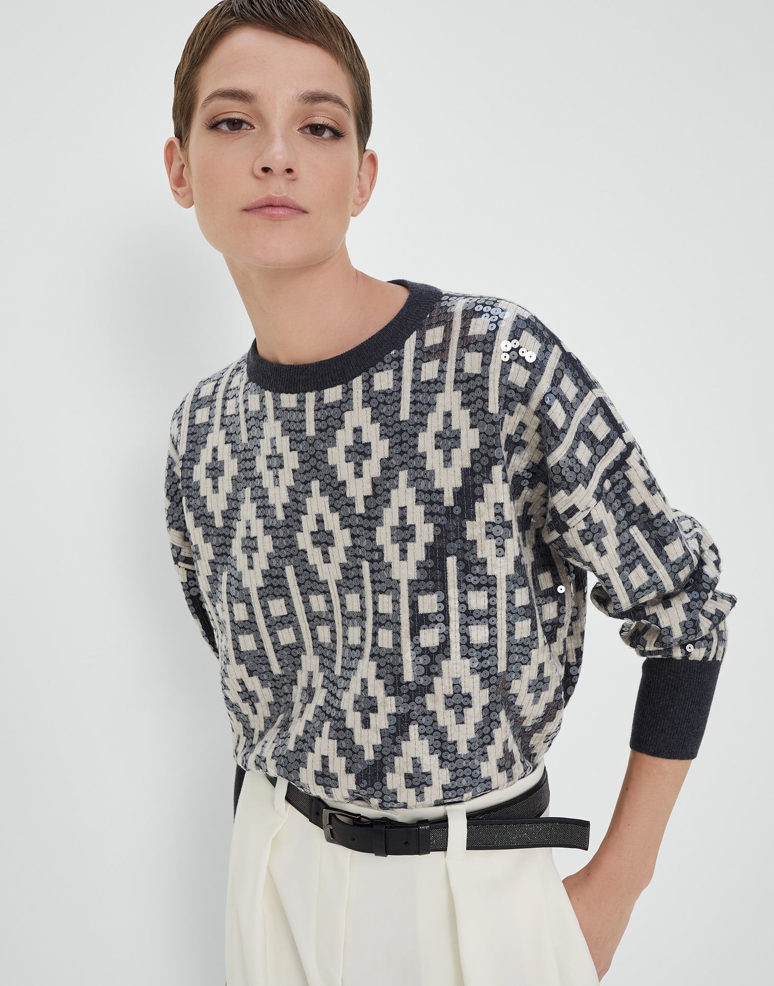 Brunello Cucinelli o1y0825 Crewneck Sweater in Black/Ivory Size S / US 4 / IT 40 - 3 Thumbnail
