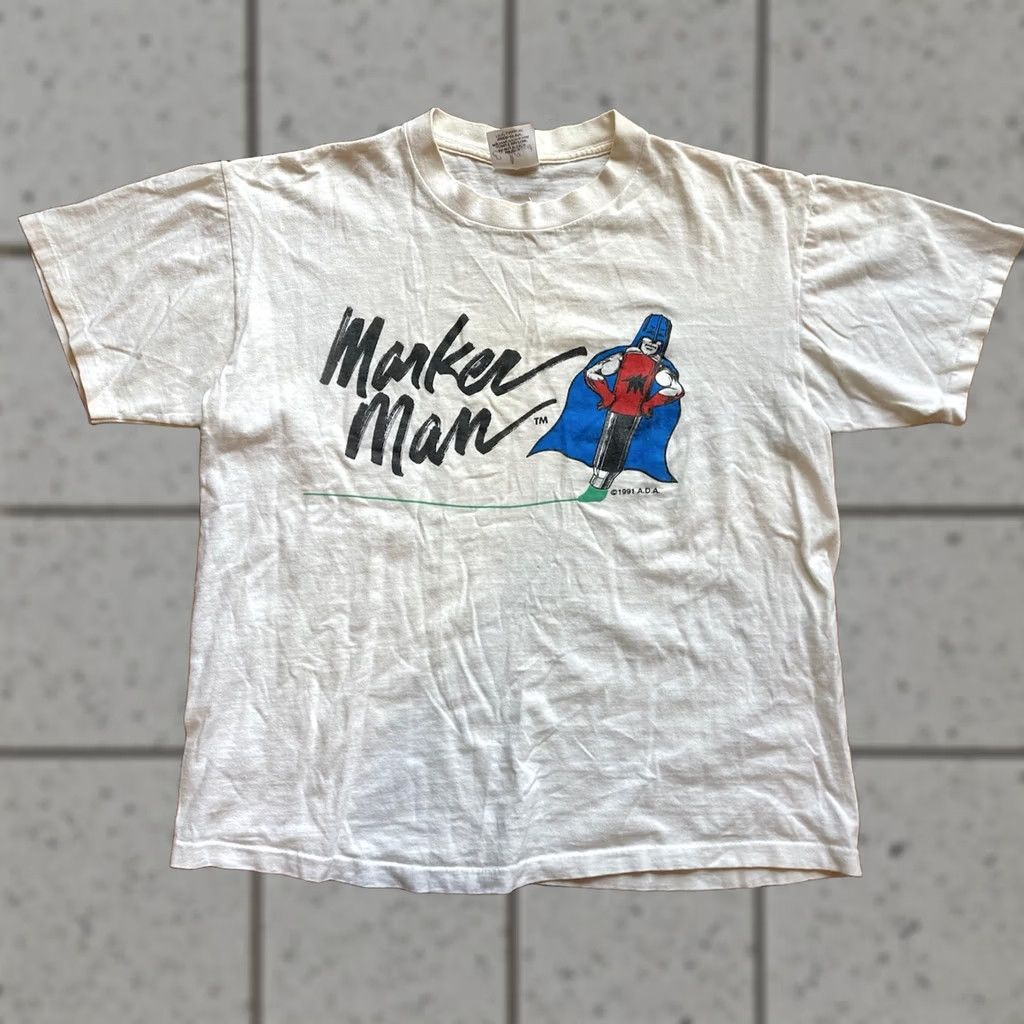 Vintage VINTAGE Eastcoast Sportswear Marker Man Superhero T Shirt Mens Large Single Stitch Comics USA 90s White Size US L / EU 52-54 / 3 - 1 Thumbnail