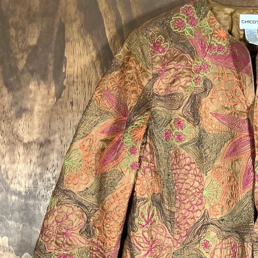 Vintage Chicos Jacket Orange Brown Floral Embroidered Hook & Eye Closure S Womens Mid-Length Regular Jacket Womens Size S / US 4 / IT 40 - 4 Thumbnail