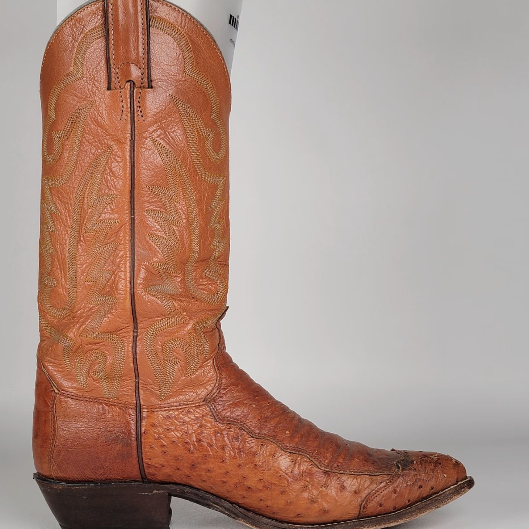 Justin Boots VINTAGE Justin Boots Western Boot J4066 - 9D - Brown - USA - Men - Ostrich Leather - Pull On - Almond Toe Size US 9 / EU 42 - 6 Thumbnail