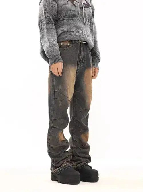 Retro yellow mud-dyed distressed wide-leg loose jeans