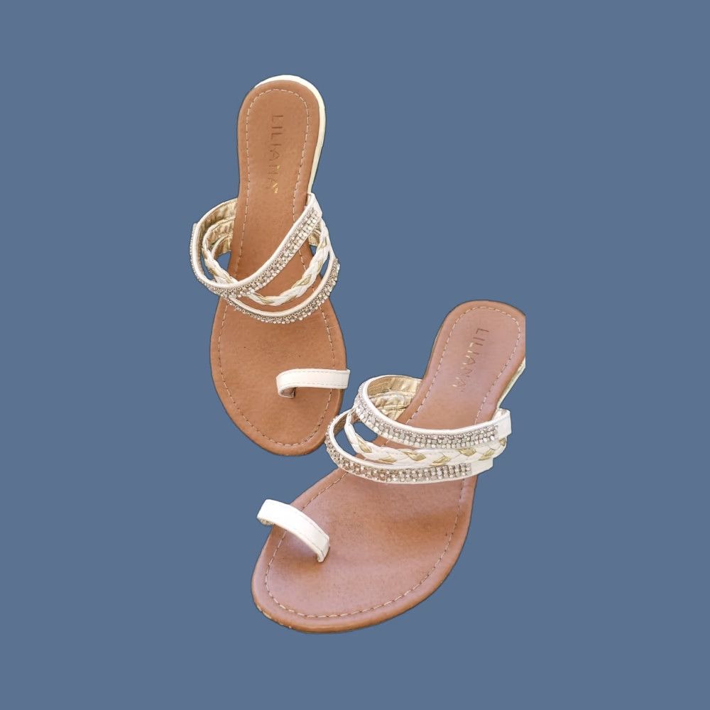 Vintage Liliana Toe Sling Sandal Slide In White Leather 2 Rhinestone Bands Gold Band 100% Leather Size 10M Women Shoes Size US 8 / IT 38 - 1 Thumbnail