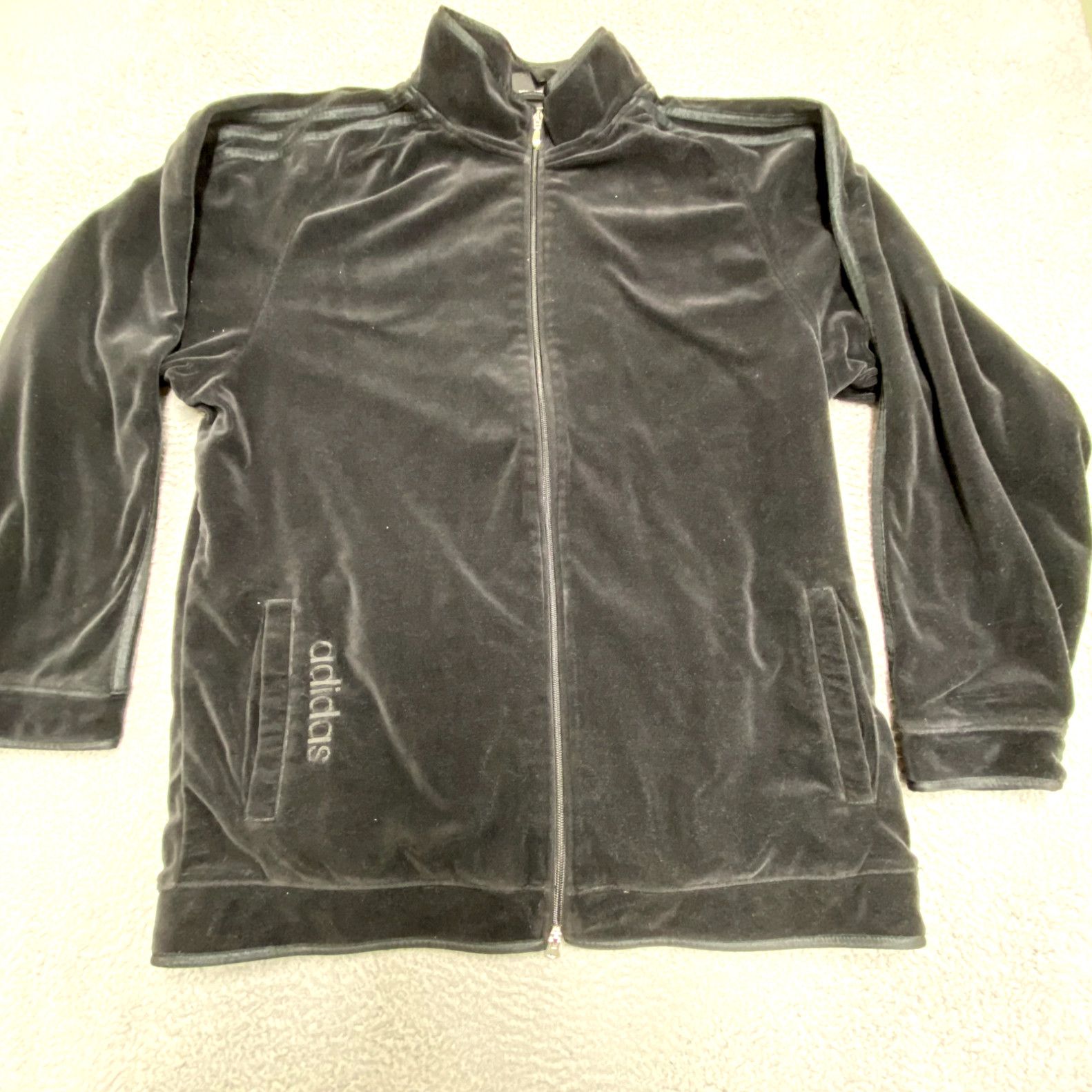 Adidas Adidas Track Jacket Mens Large Oversized Black Velour Full 