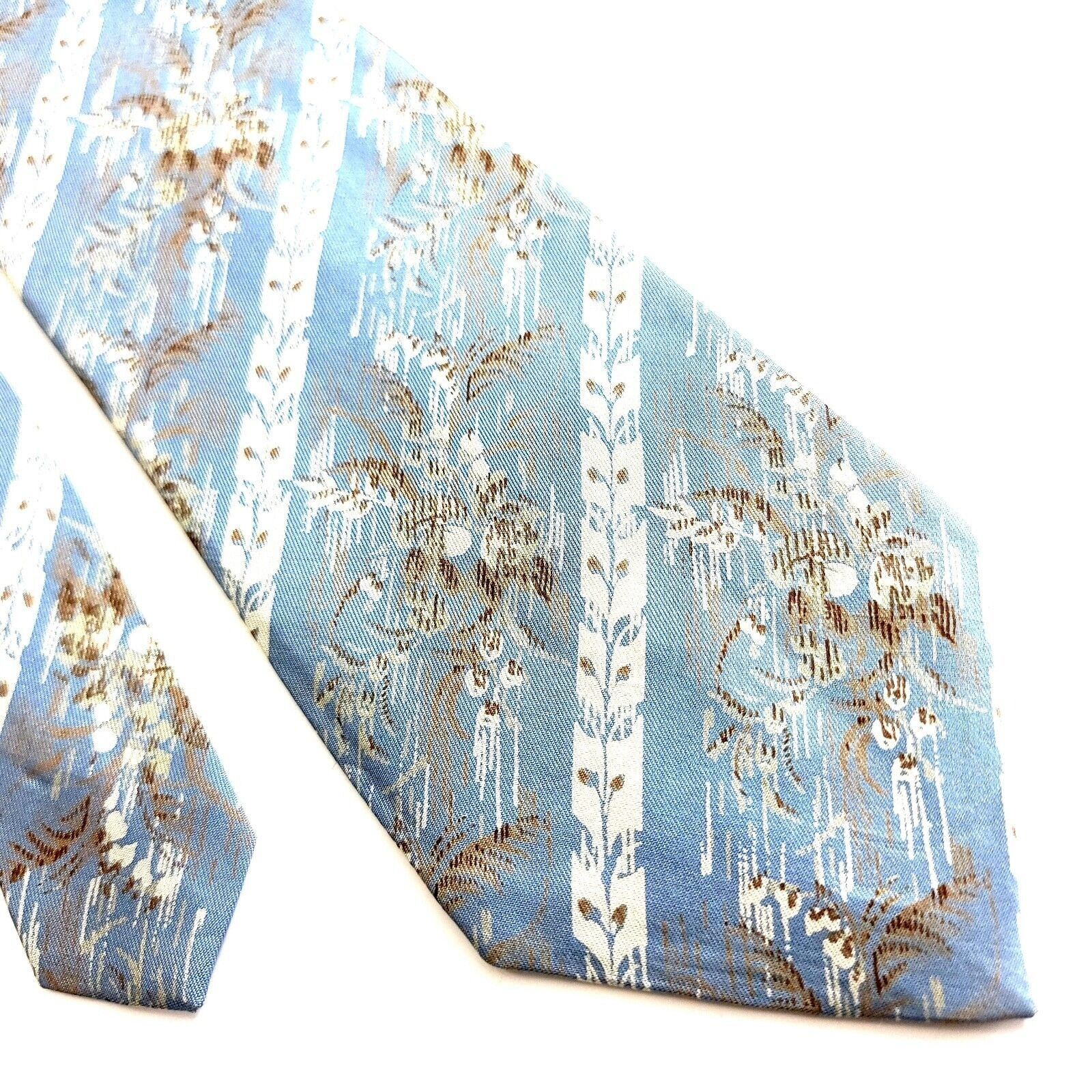 Designer Courchevel Blue Tan Floral Striped Print Wide Silk Tie Size ONE SIZE - 1 Thumbnail